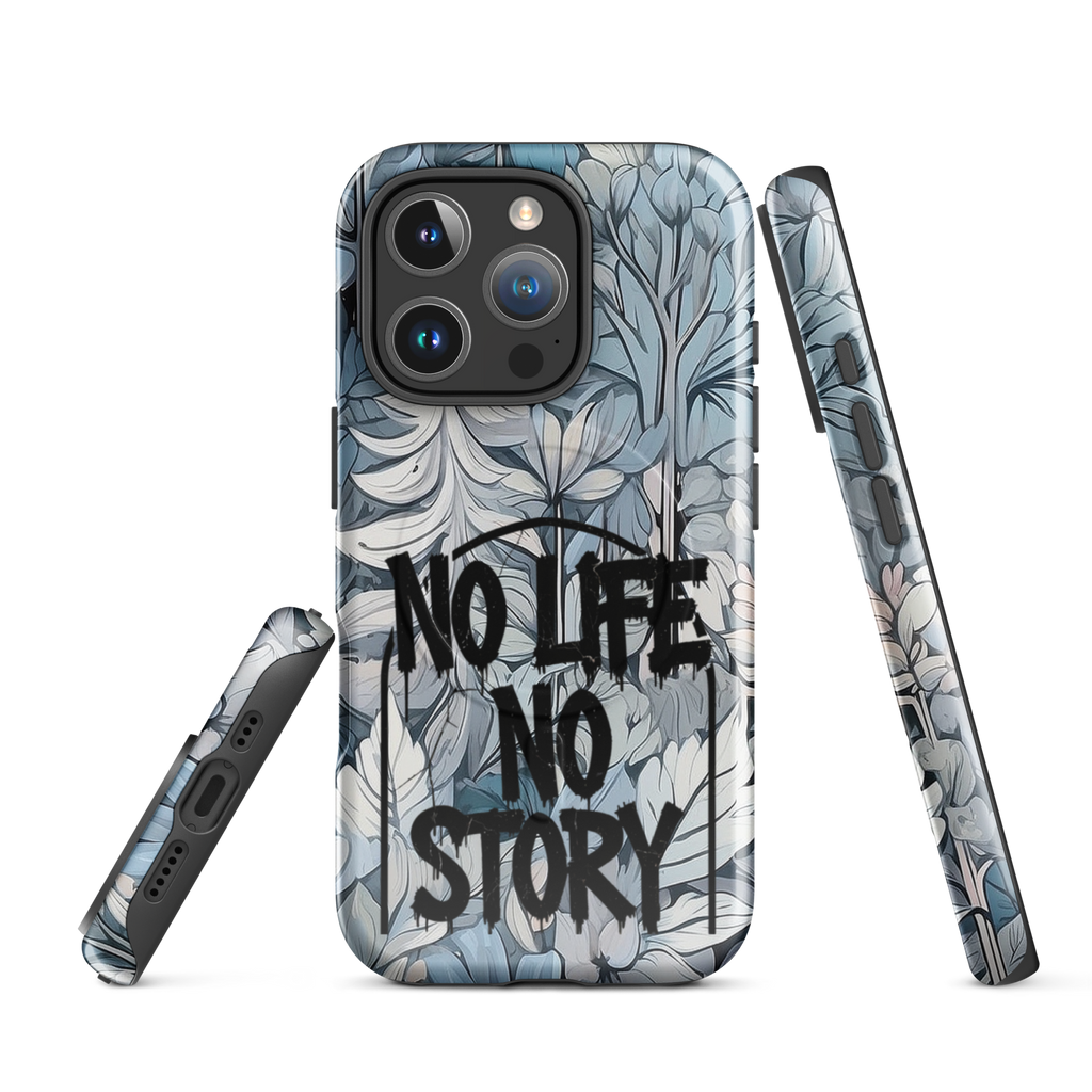 Blue & Grey iPhone® MagSafe® tough case with ‘No Life No Story’ graffiti slogan and gothic forest background design