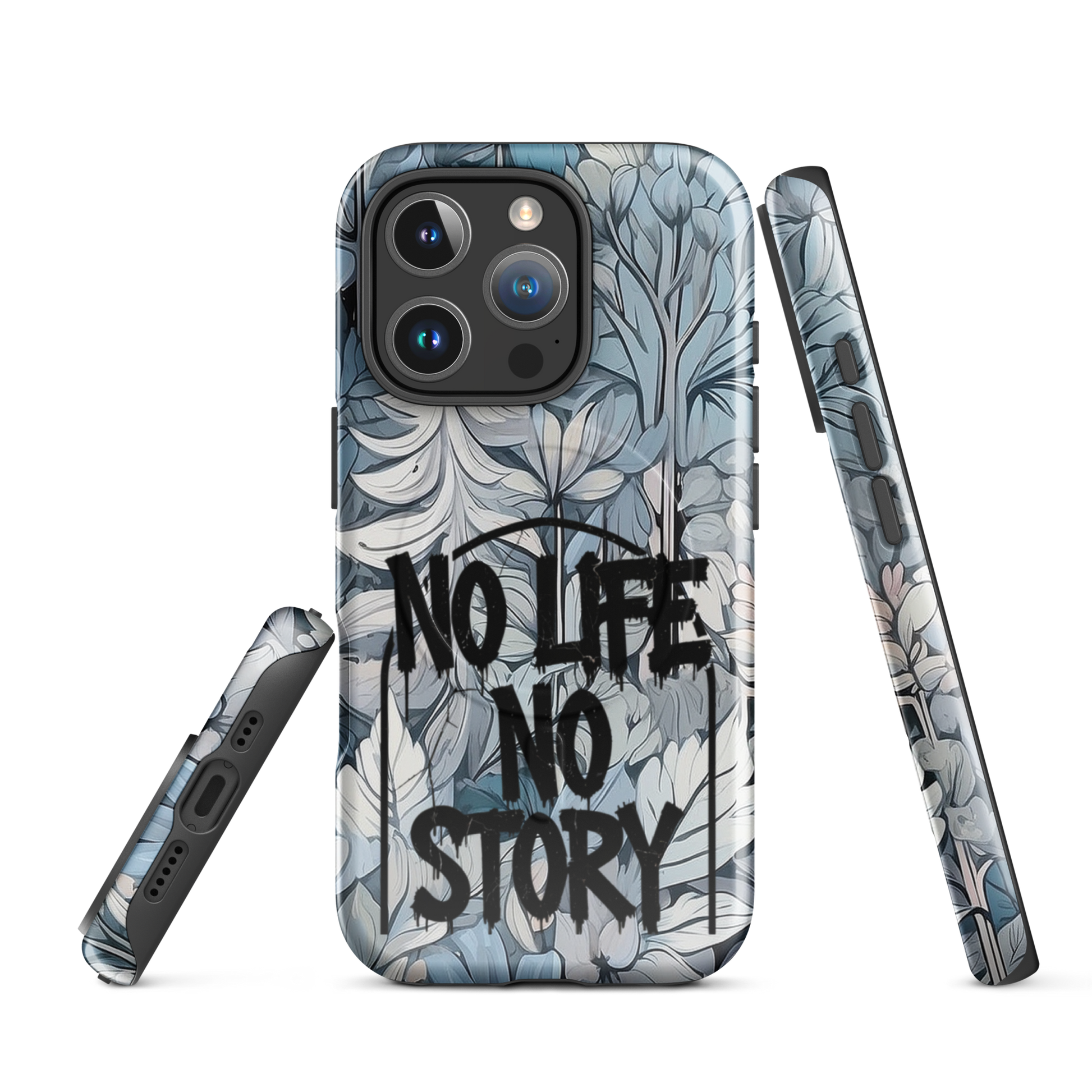 Blue & Grey iPhone® MagSafe® tough case with ‘No Life No Story’ graffiti slogan and gothic forest background design