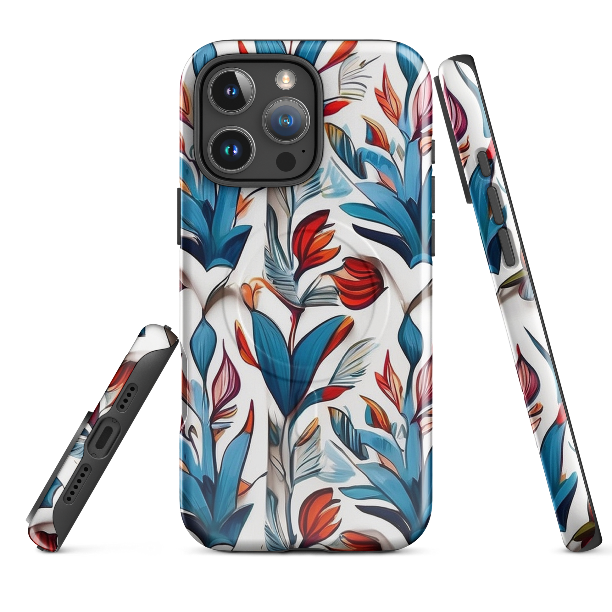 MagSafe iPhone case with colorful nature-inspired floral and jungle leaf design in red, blue, and green tones – stylish shockproof eco cover