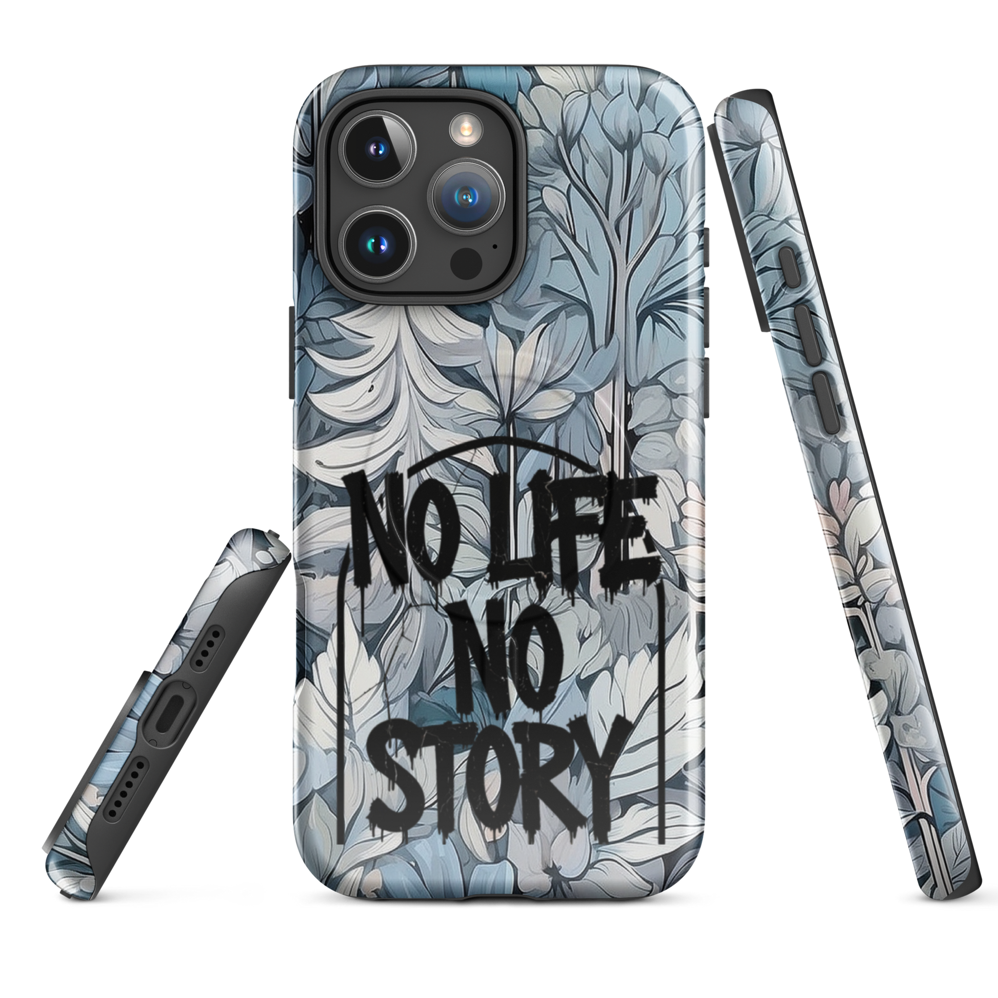Blue & Grey iPhone® MagSafe® tough case with ‘No Life No Story’ graffiti slogan and gothic forest background design