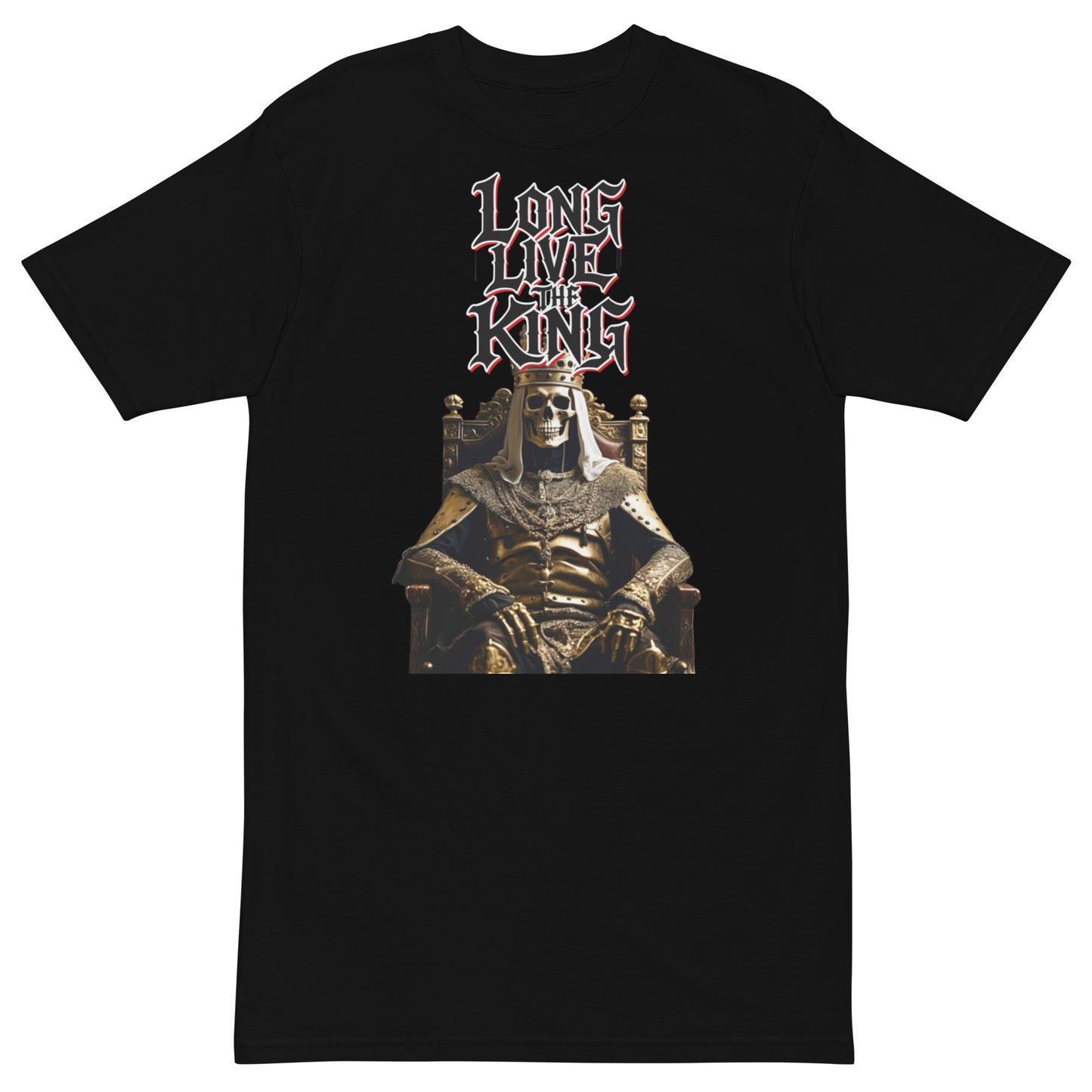 White premium t-shirt featuring gothic-style artwork of a golden skeleton king sitting on a throne with the graffiti slogan “Long Live The King” in bold red, white and black lettering