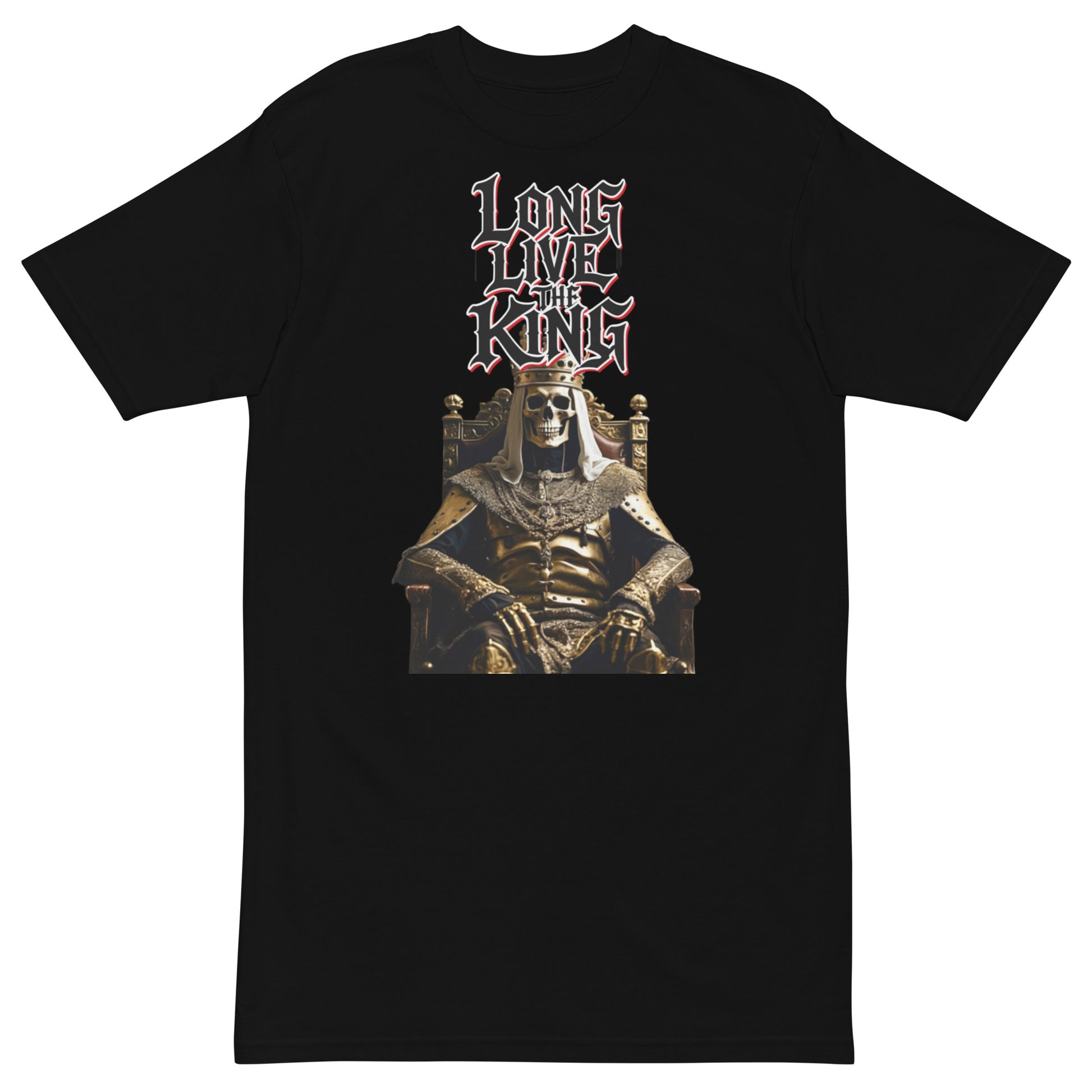 White premium t-shirt featuring gothic-style artwork of a golden skeleton king sitting on a throne with the graffiti slogan “Long Live The King” in bold red, white and black lettering