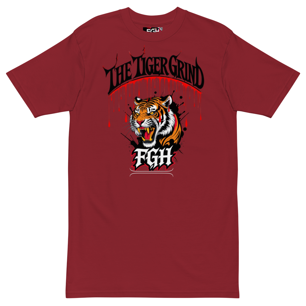 "Tiger Grind Premium Cotton T-Shirt in Brick Red - Graffiti Tiger Power Design"