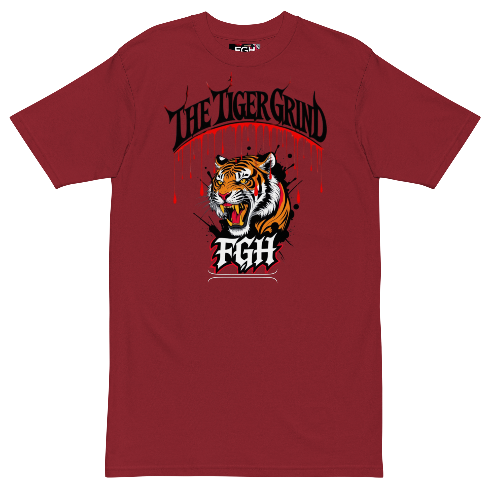 "Tiger Grind Premium Cotton T-Shirt in Brick Red - Graffiti Tiger Power Design"
