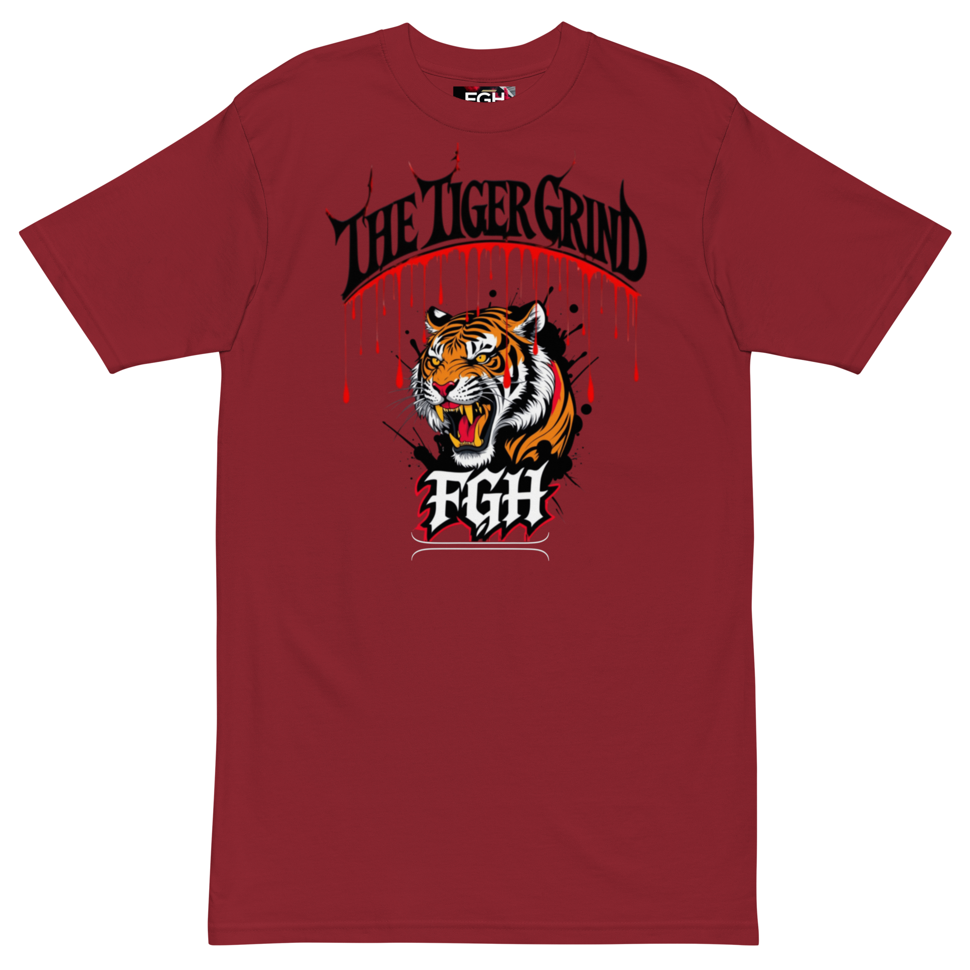 "Tiger Grind Premium Cotton T-Shirt in Brick Red - Graffiti Tiger Power Design"