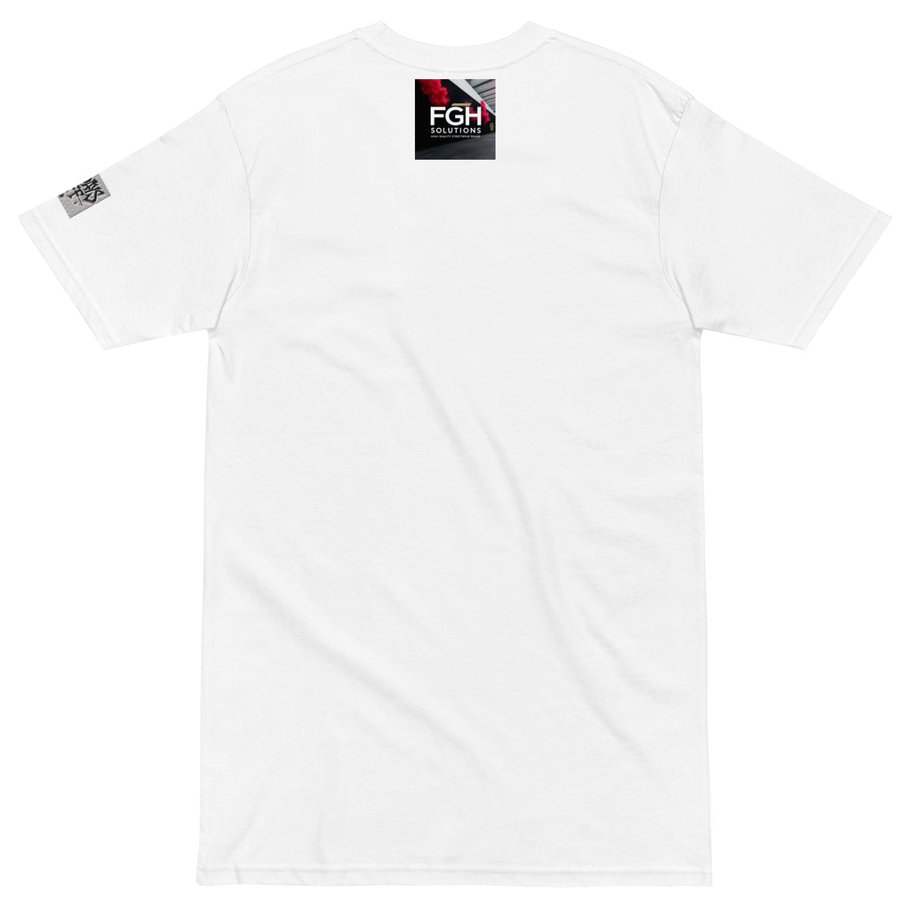 White heavyweight t-shirt with embroidered “No Days Off” front design and detailed wolf head embroidery on the back, displayed flat for streetwear collection
