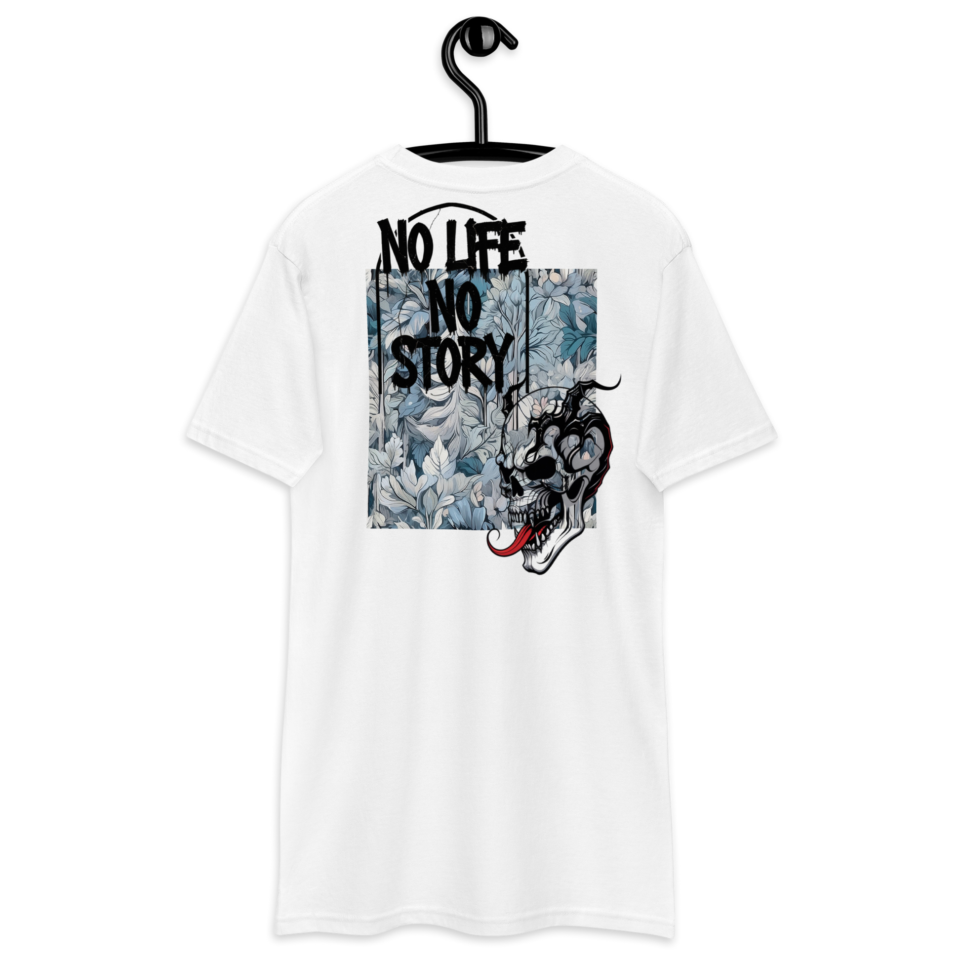 White Premium T-Shirt with unique graffiti skull and “No Life No Story” art print – front and back design by FGH Collective.
