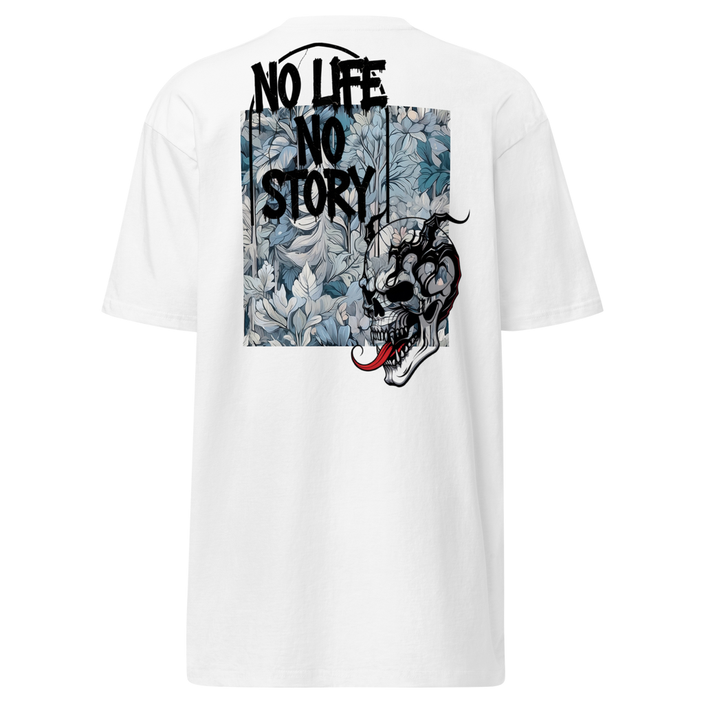 White Premium T-Shirt with unique graffiti skull and “No Life No Story” art print – front and back design by FGH Collective.
