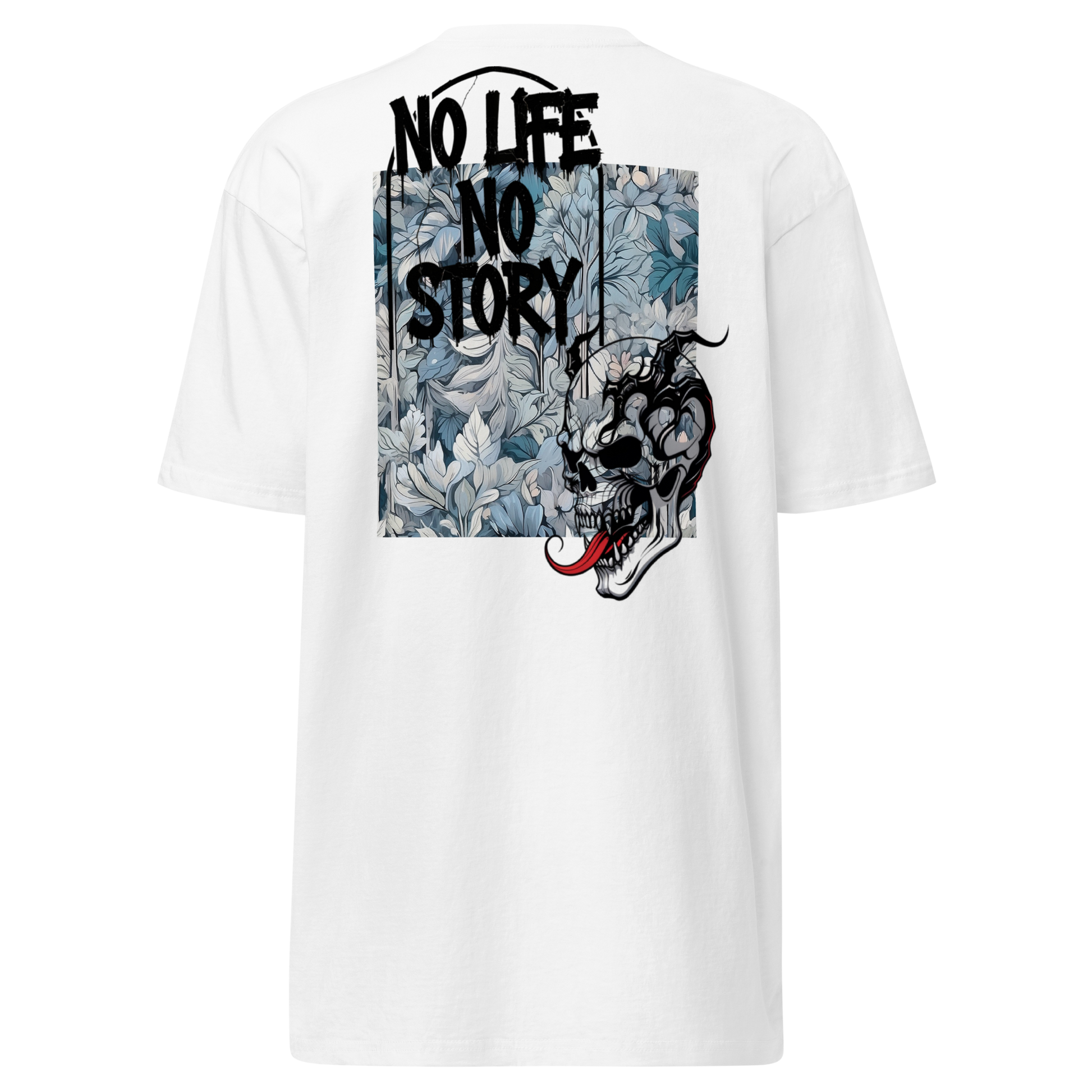White Premium T-Shirt with unique graffiti skull and “No Life No Story” art print – front and back design by FGH Collective.
