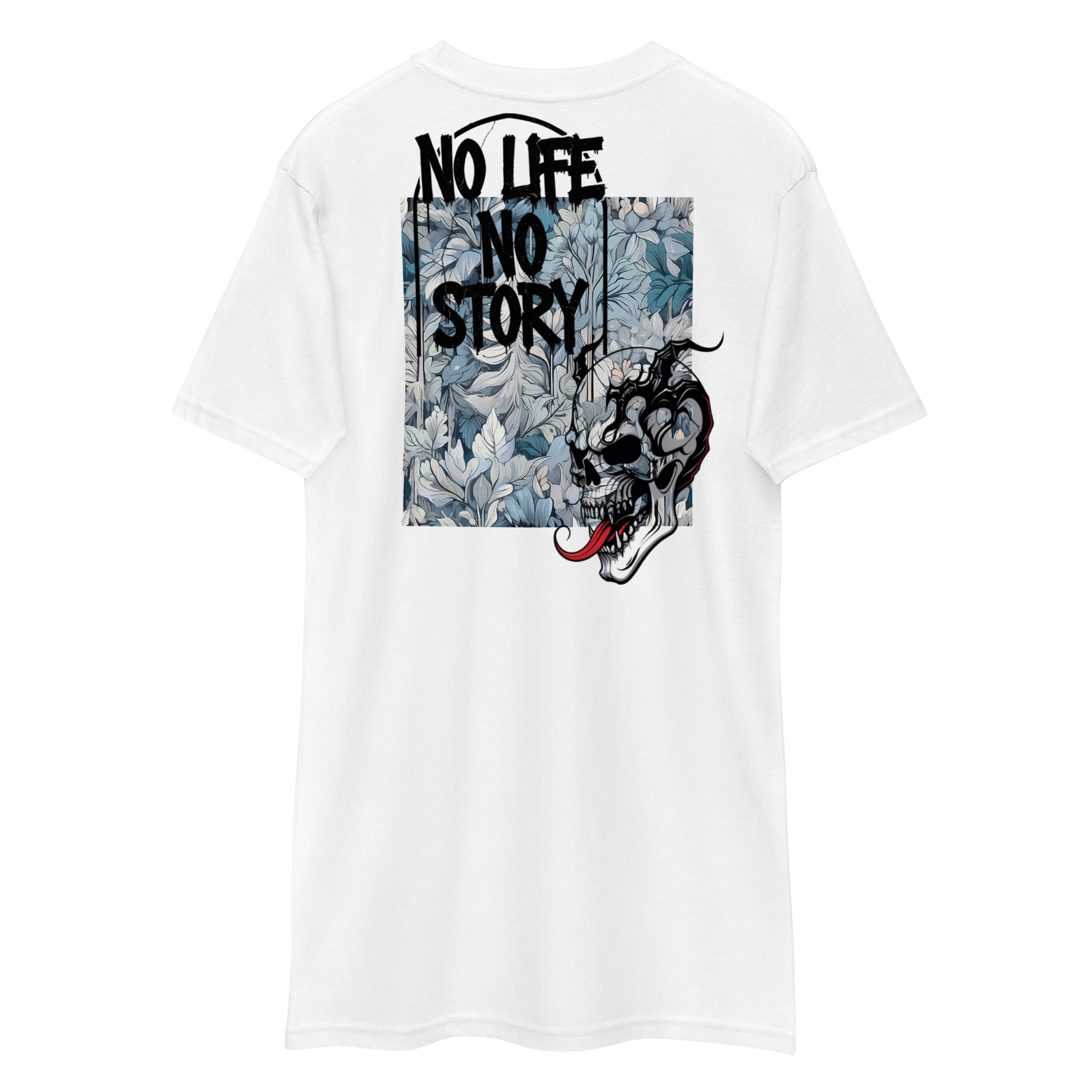 White Premium T-Shirt with unique graffiti skull and “No Life No Story” art print – front and back design by FGH Collective.
