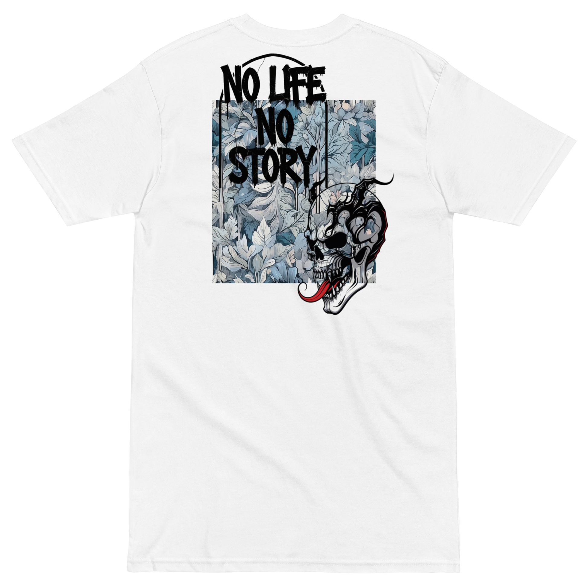 White Premium T-Shirt with unique graffiti skull and “No Life No Story” art print – front and back design by FGH Collective.

