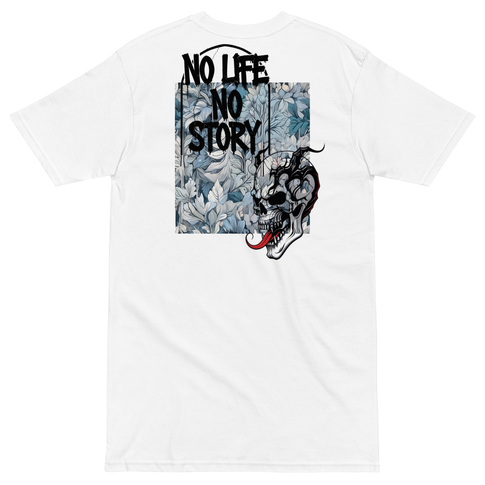 White Premium T-Shirt with unique graffiti skull and “No Life No Story” art print – front and back design by FGH Collective.
