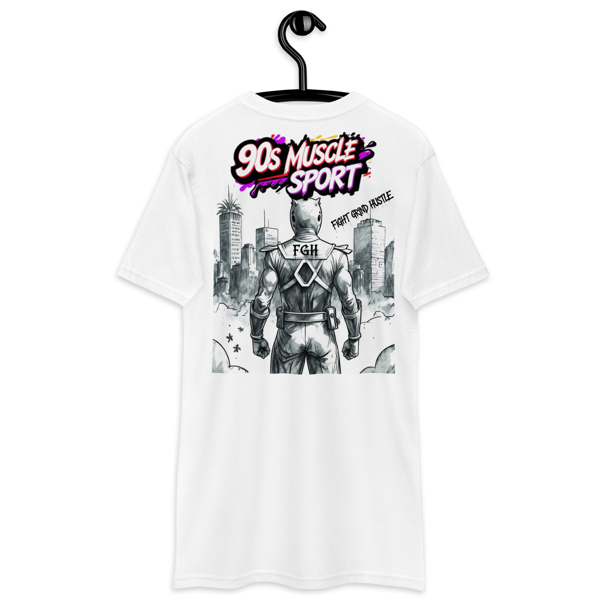90s Muscle Sport – Gym Hustler heavyweight cotton t-shirt with neon graffiti lettering and Power Ranger hatching artwork, premium streetwear for training and lifestyle