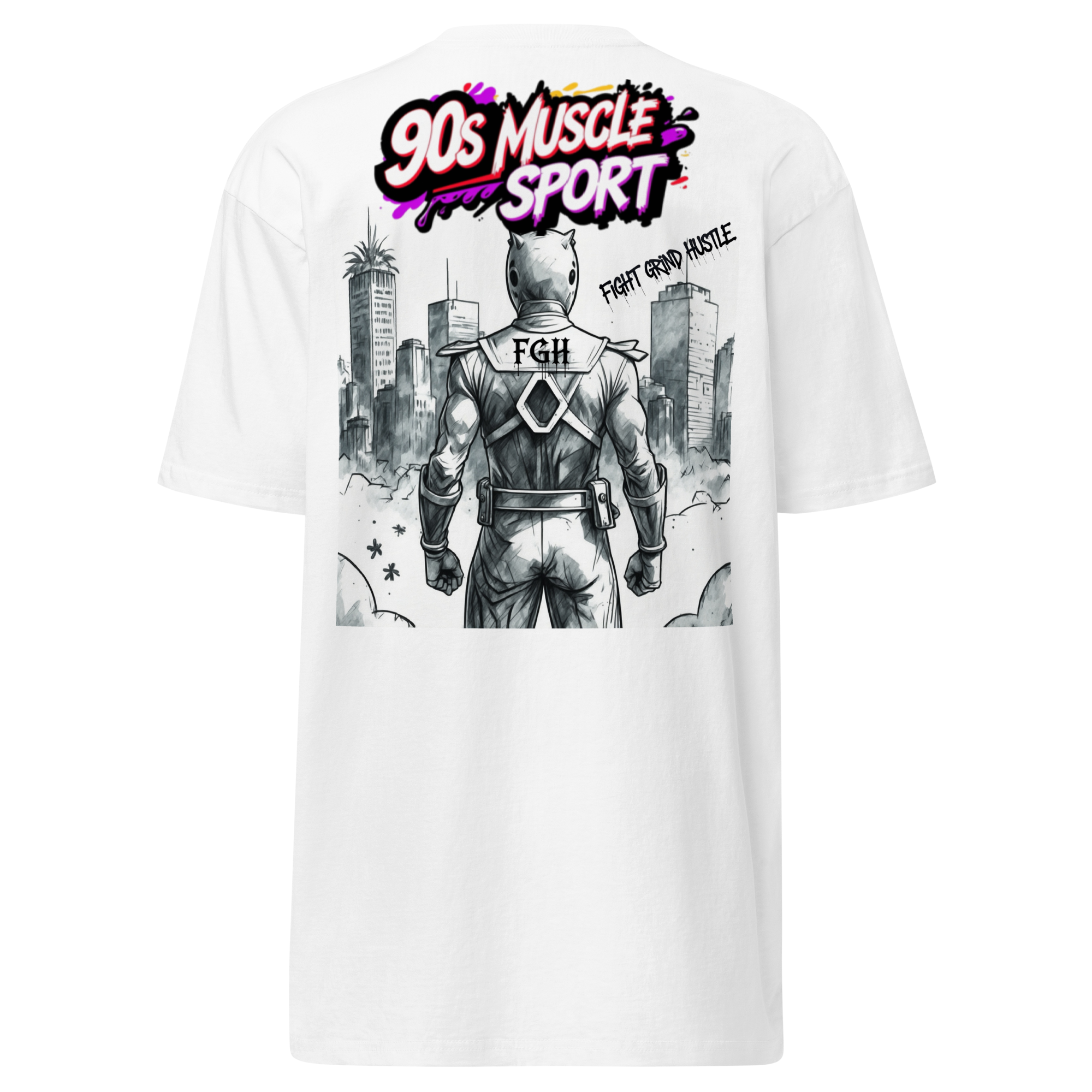 90s Muscle Sport – Gym Hustler heavyweight cotton t-shirt with neon graffiti lettering and Power Ranger hatching artwork, premium streetwear for training and lifestyle