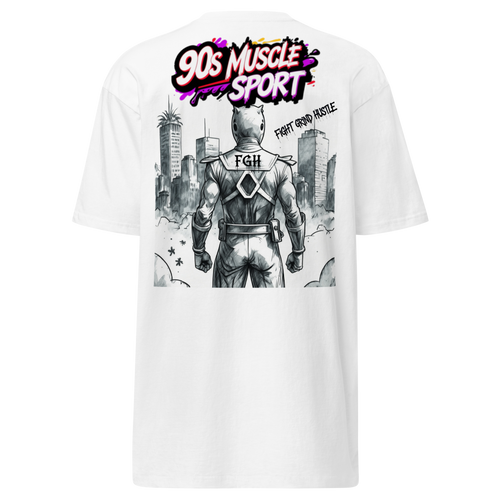 90s Muscle Sport – Gym Hustler heavyweight cotton t-shirt with neon graffiti lettering and Power Ranger hatching artwork, premium streetwear for training and lifestyle