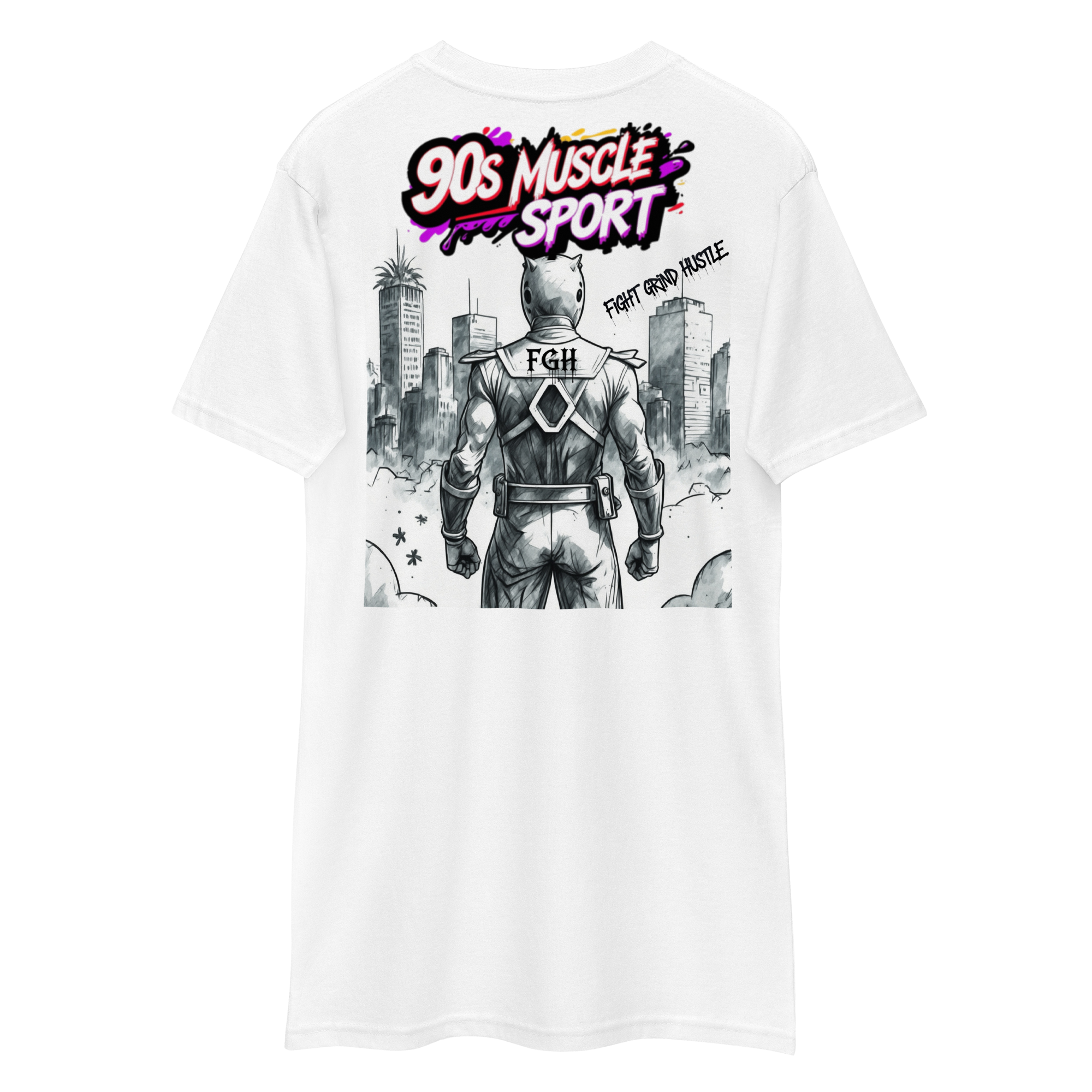 90s Muscle Sport – Gym Hustler heavyweight cotton t-shirt with neon graffiti lettering and Power Ranger hatching artwork, premium streetwear for training and lifestyle