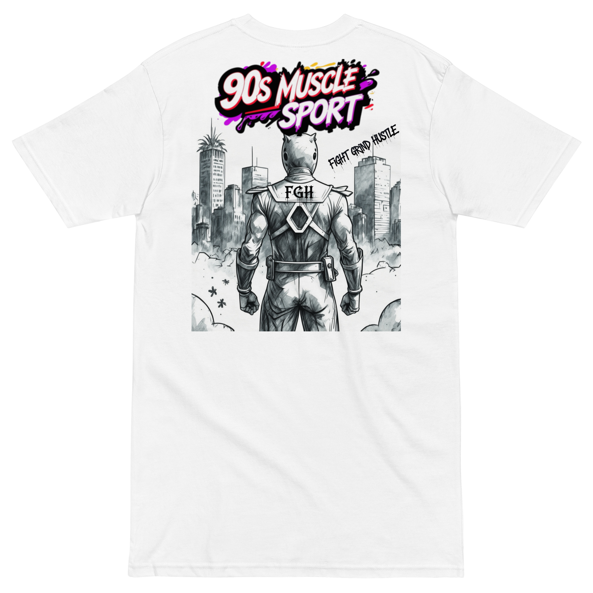 90s Muscle Sport – Gym Hustler heavyweight cotton t-shirt with neon graffiti lettering and Power Ranger hatching artwork, premium streetwear for training and lifestyle