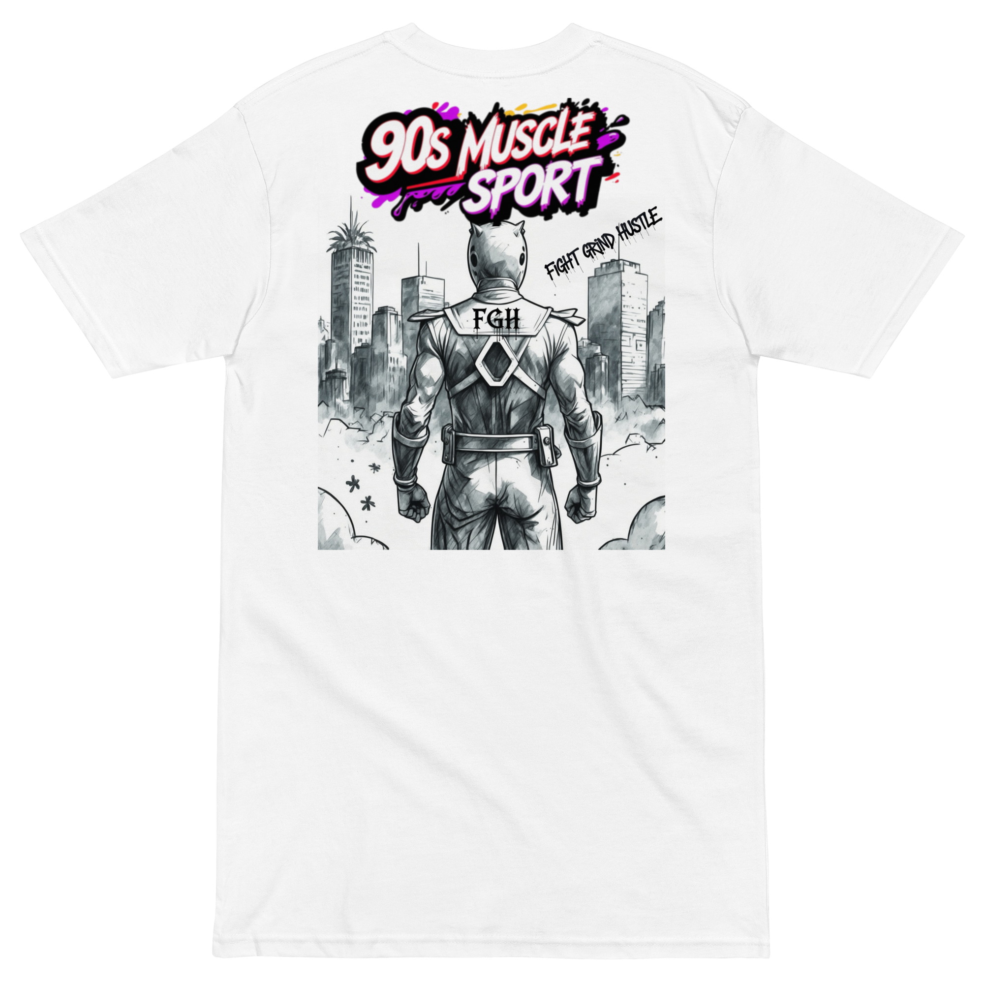 90s Muscle Sport – Gym Hustler heavyweight cotton t-shirt with neon graffiti lettering and Power Ranger hatching artwork, premium streetwear for training and lifestyle
