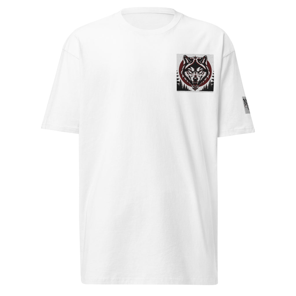 White heavyweight t-shirt with embroidered “No Days Off” front design and detailed wolf head embroidery on the back, displayed flat for streetwear collection
