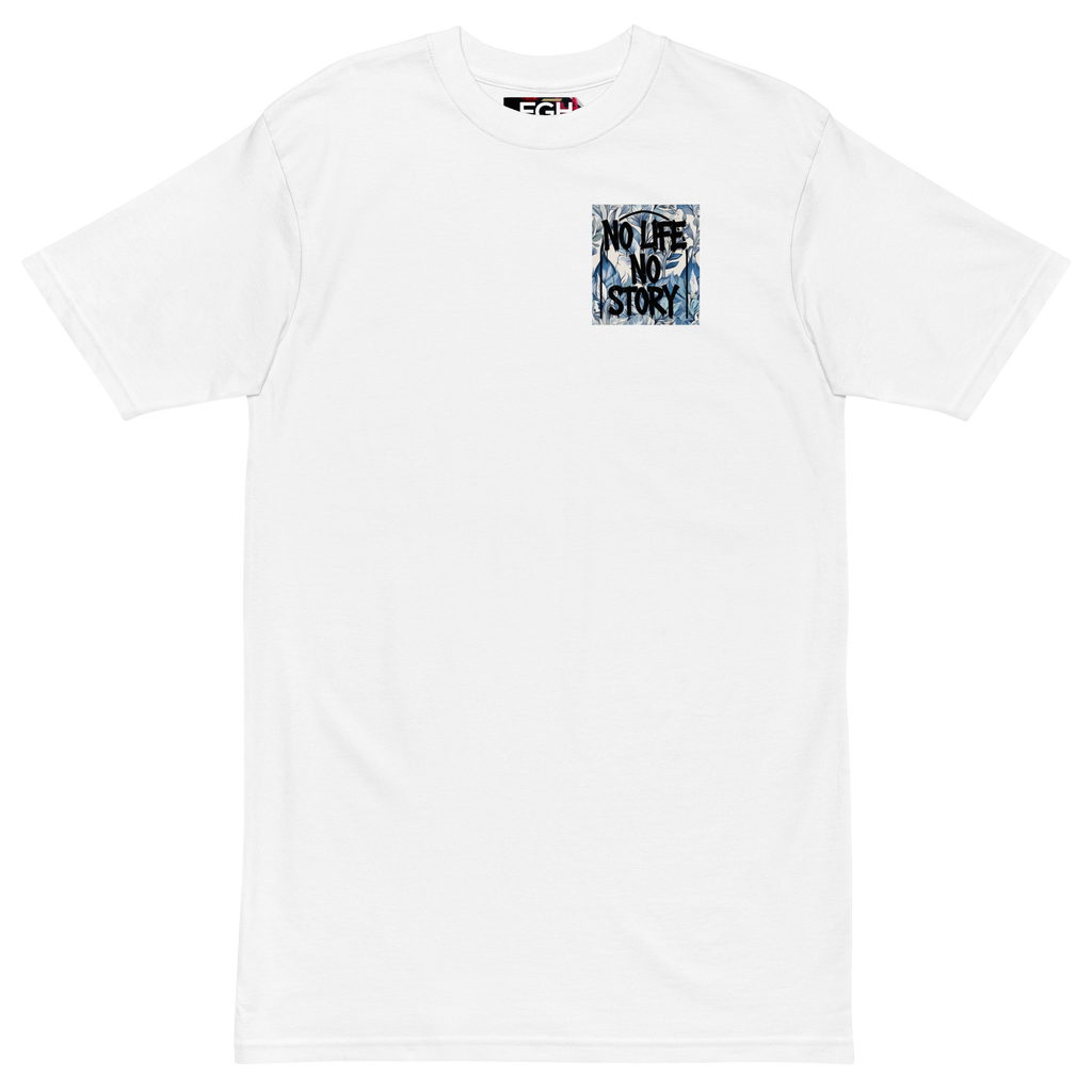 White Premium T-Shirt with unique graffiti skull and “No Life No Story” art print – front and back design by FGH Collective.
