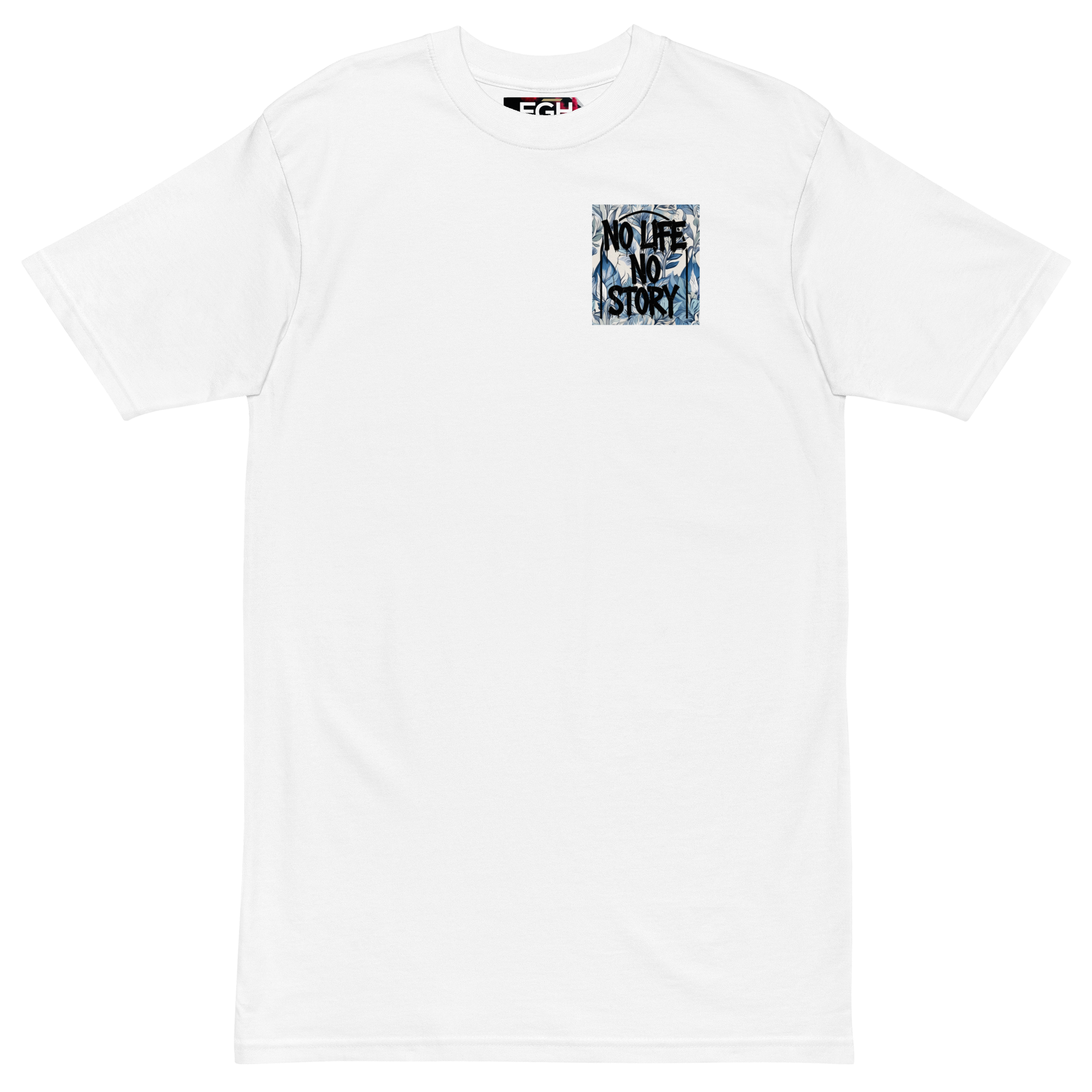 White Premium T-Shirt with unique graffiti skull and “No Life No Story” art print – front and back design by FGH Collective.
