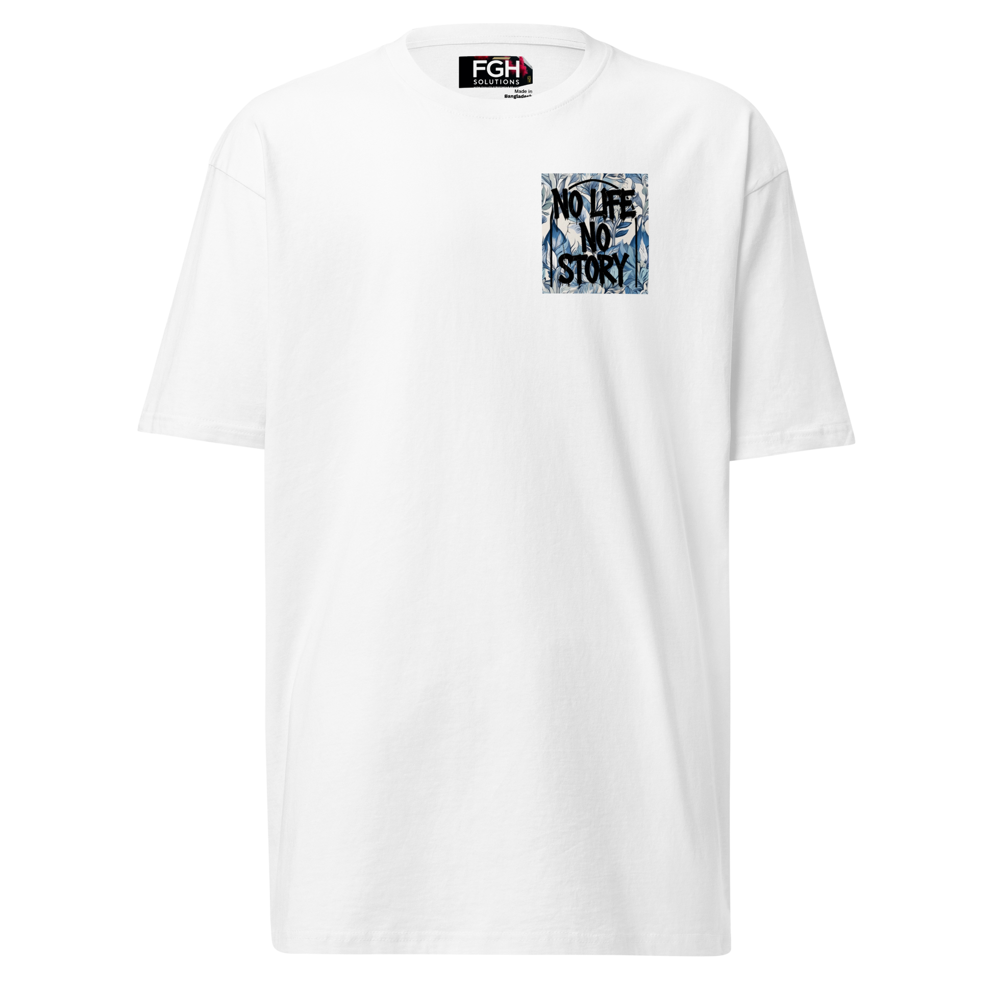 White Premium T-Shirt with unique graffiti skull and “No Life No Story” art print – front and back design by FGH Collective.

