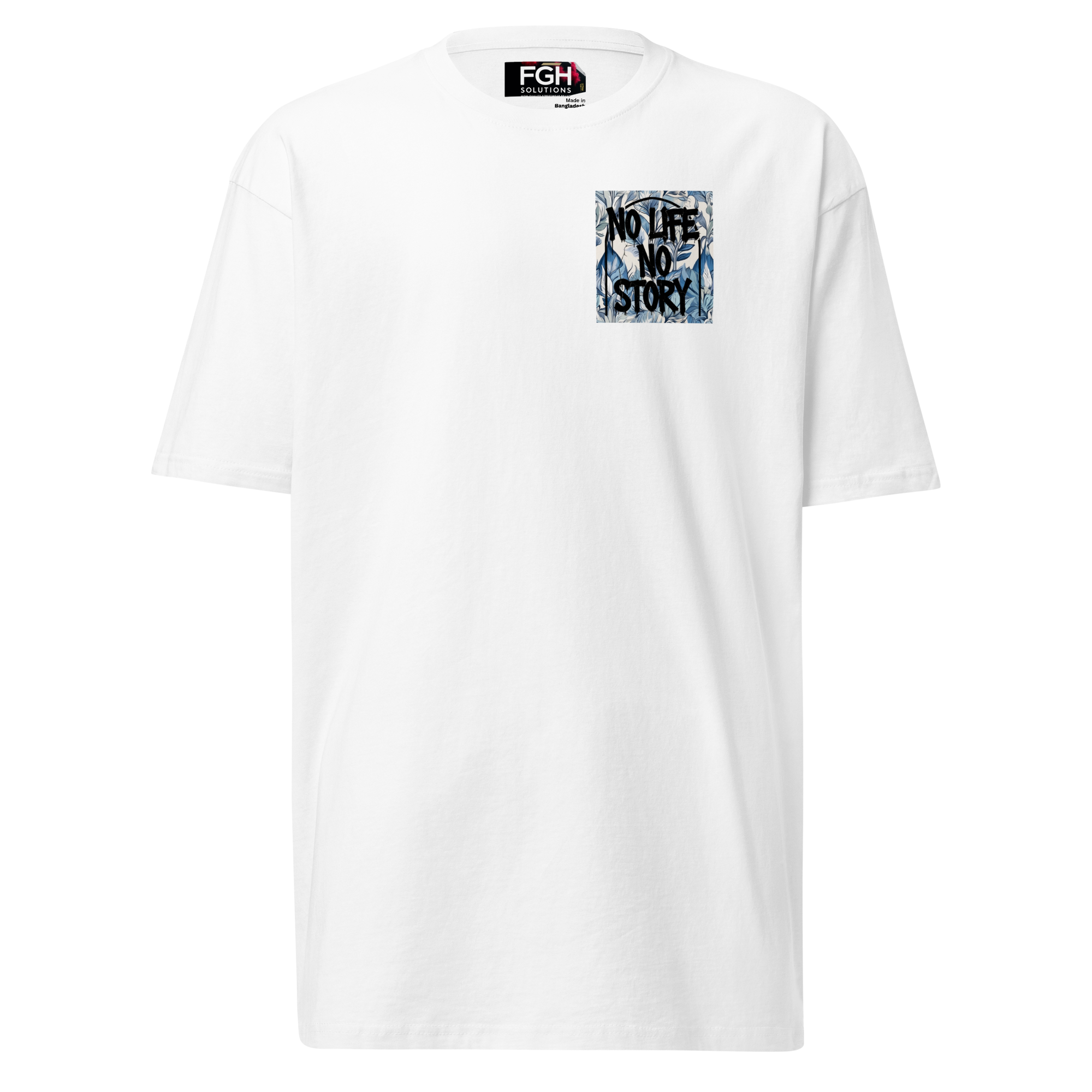 White Premium T-Shirt with unique graffiti skull and “No Life No Story” art print – front and back design by FGH Collective.
