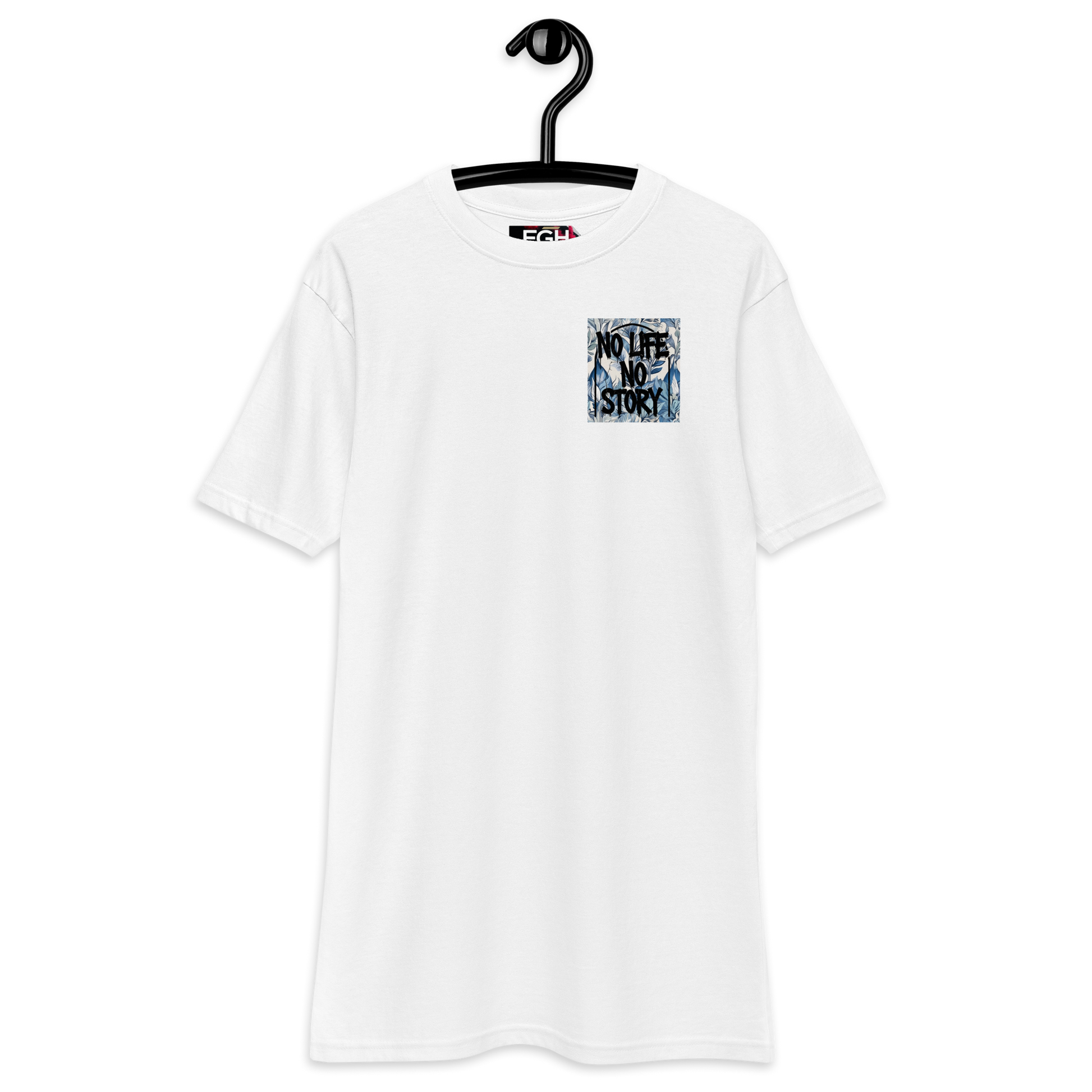 White Premium T-Shirt with unique graffiti skull and “No Life No Story” art print – front and back design by FGH Collective.
