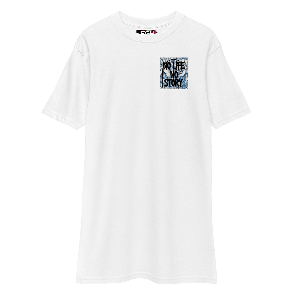 White Premium T-Shirt with unique graffiti skull and “No Life No Story” art print – front and back design by FGH Collective.
