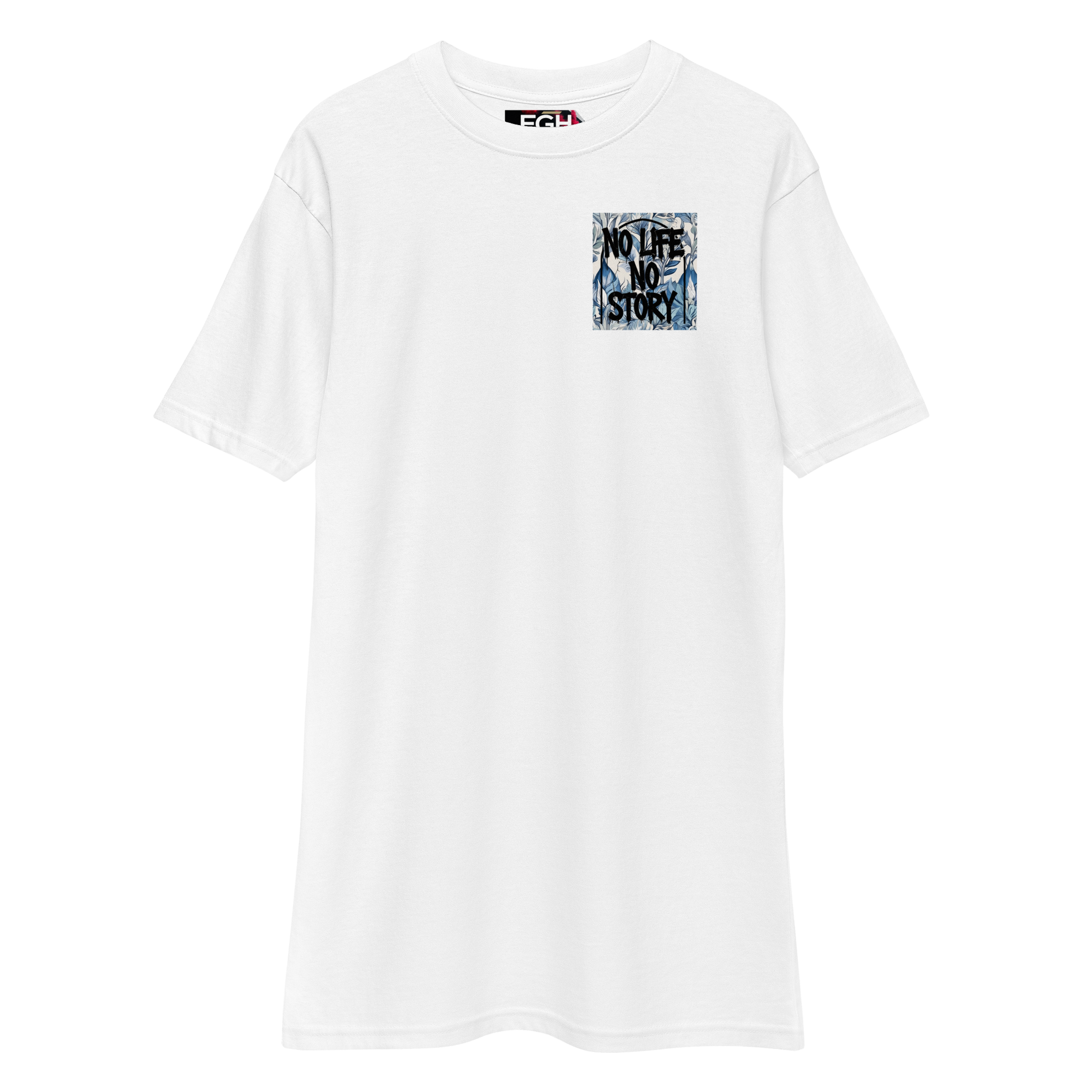 White Premium T-Shirt with unique graffiti skull and “No Life No Story” art print – front and back design by FGH Collective.
