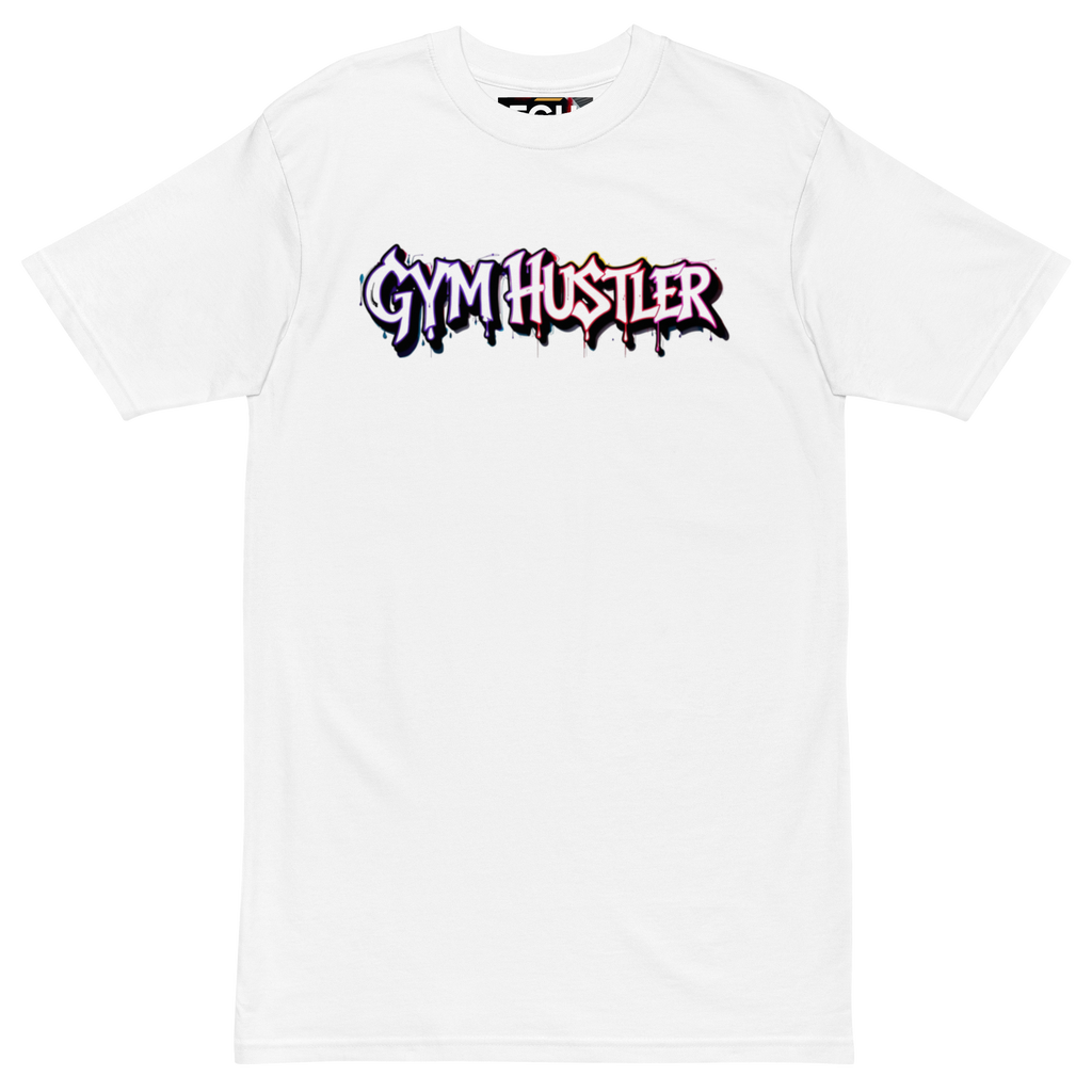 90s Muscle Sport – Gym Hustler heavyweight cotton t-shirt with neon graffiti lettering and Power Ranger hatching artwork, premium streetwear for training and lifestyle