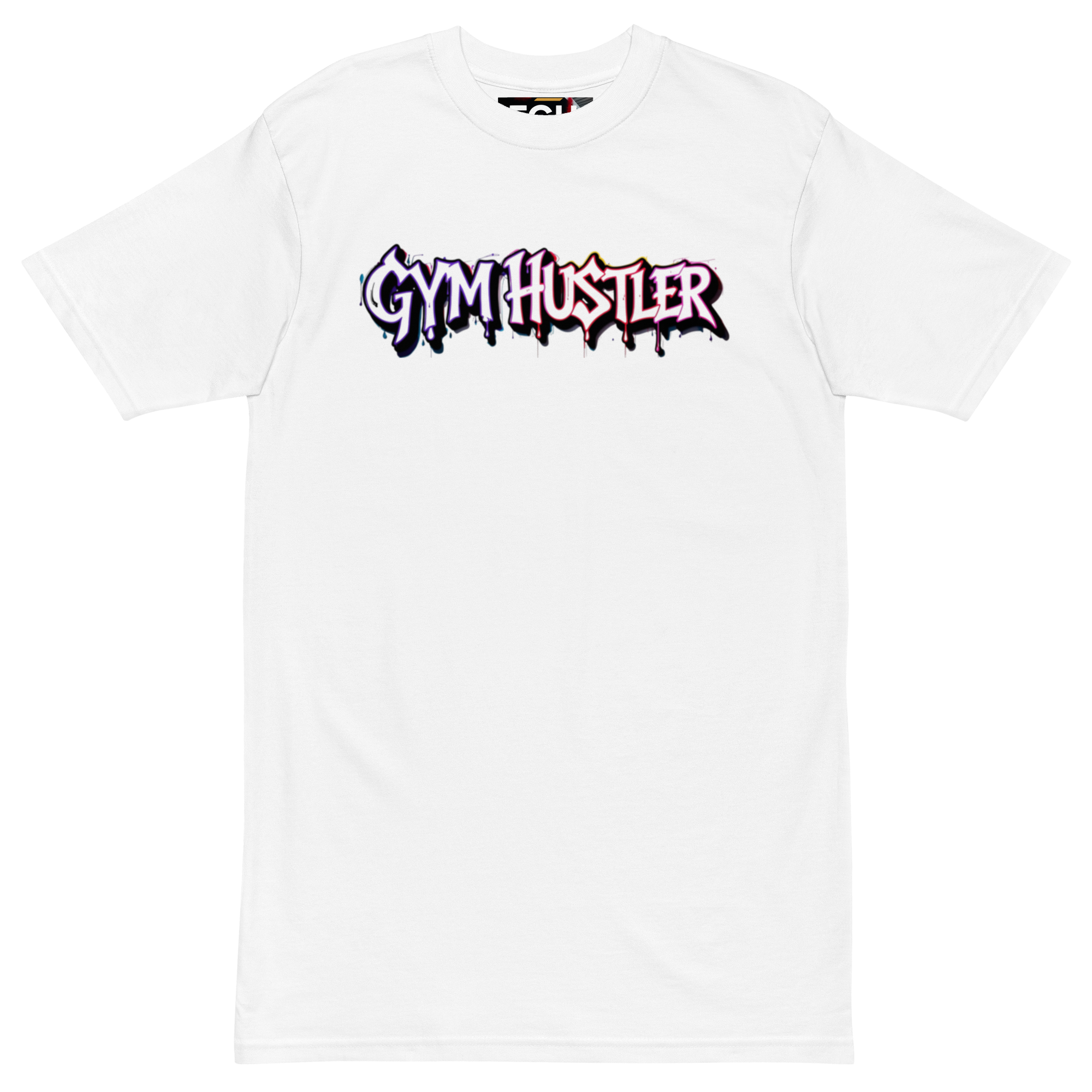 90s Muscle Sport – Gym Hustler heavyweight cotton t-shirt with neon graffiti lettering and Power Ranger hatching artwork, premium streetwear for training and lifestyle