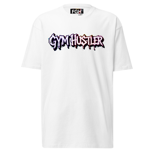 90s Muscle Sport – Gym Hustler heavyweight cotton t-shirt with neon graffiti lettering and Power Ranger hatching artwork, premium streetwear for training and lifestyle