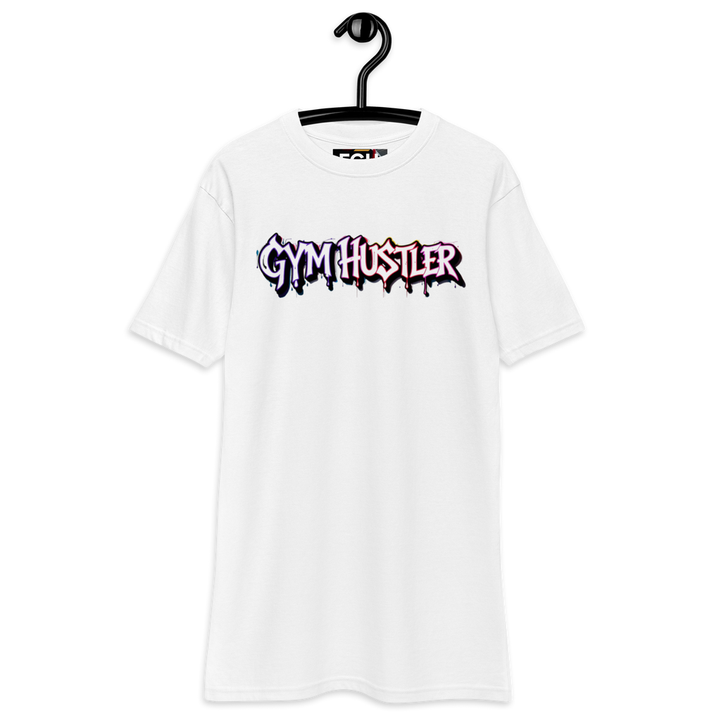90s Muscle Sport – Gym Hustler heavyweight cotton t-shirt with neon graffiti lettering and Power Ranger hatching artwork, premium streetwear for training and lifestyle