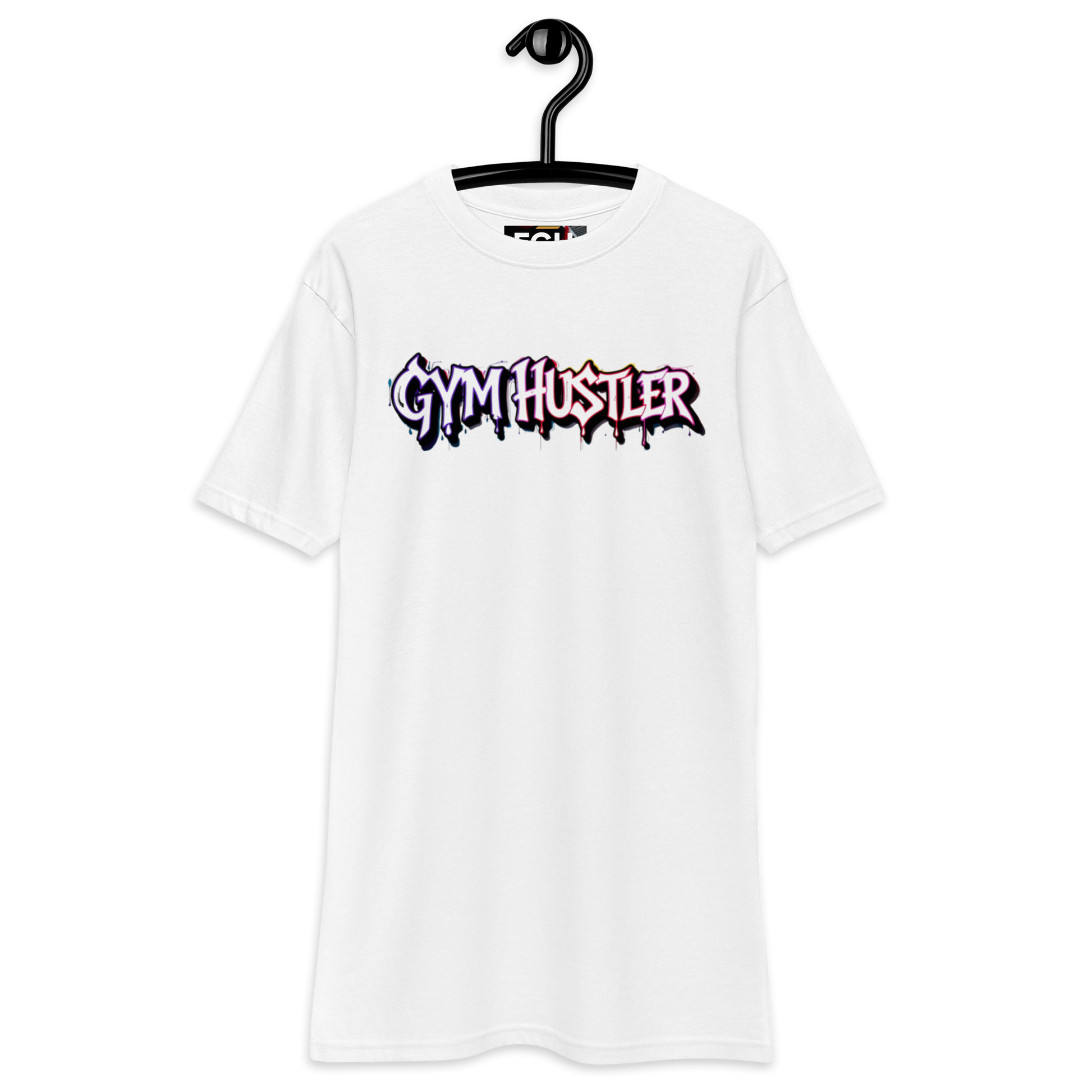 90s Muscle Sport – Gym Hustler heavyweight cotton t-shirt with neon graffiti lettering and Power Ranger hatching artwork, premium streetwear for training and lifestyle
