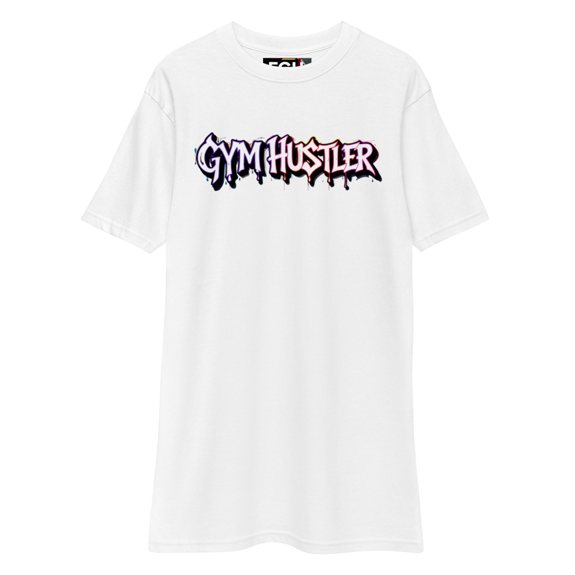 90s Muscle Sport – Gym Hustler heavyweight cotton t-shirt with neon graffiti lettering and Power Ranger hatching artwork, premium streetwear for training and lifestyle
