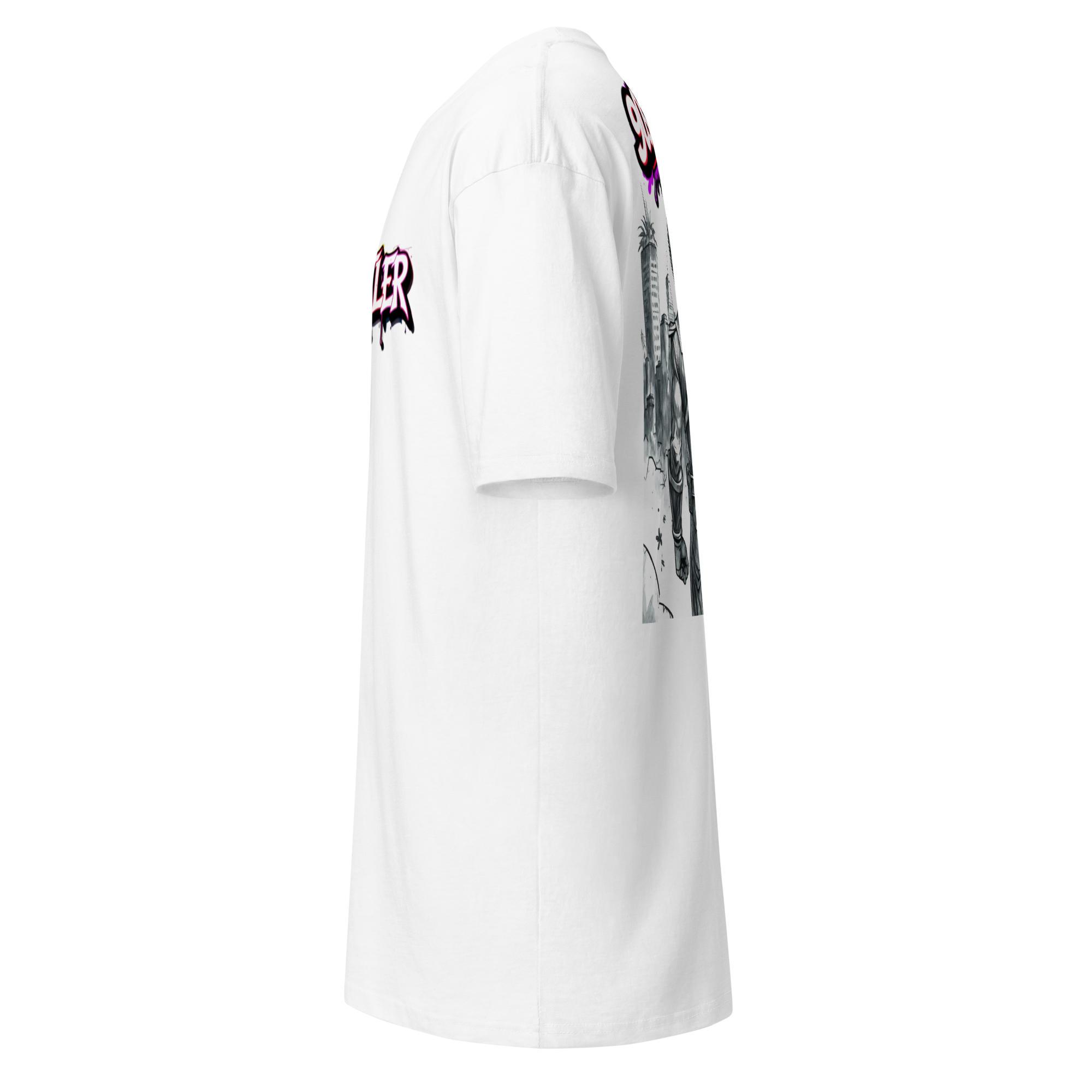 90s Muscle Sport – Gym Hustler heavyweight cotton t-shirt with neon graffiti lettering and Power Ranger hatching artwork, premium streetwear for training and lifestyle