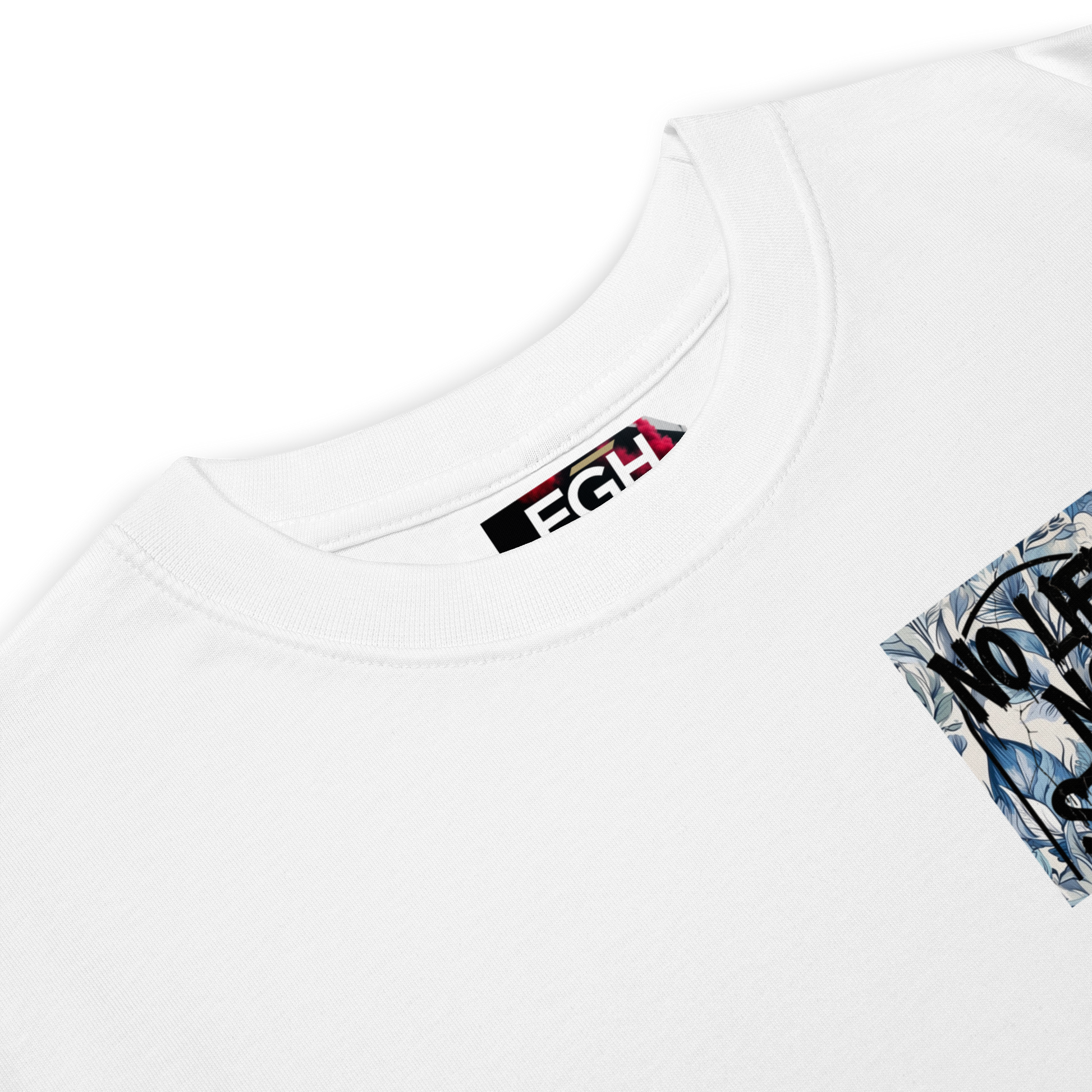 White Premium T-Shirt with unique graffiti skull and “No Life No Story” art print – front and back design by FGH Collective.

