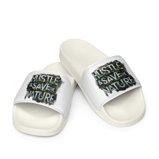 Stay Hustle & Save the Nature slides, premium unisex summer beach sandals with graffiti design.