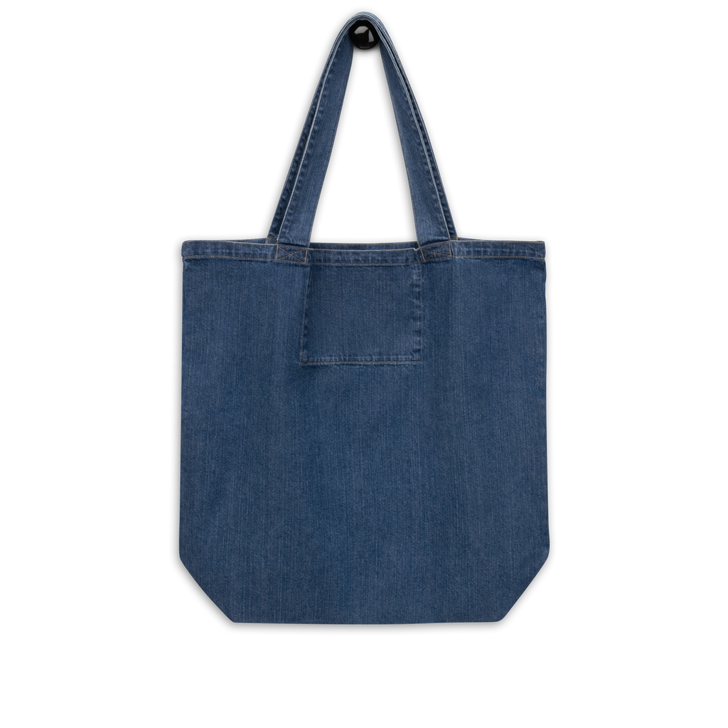 Organic denim tote bag with colorful handpainted floral design on dark blue fabric, eco-friendly and stylish everyday shopper