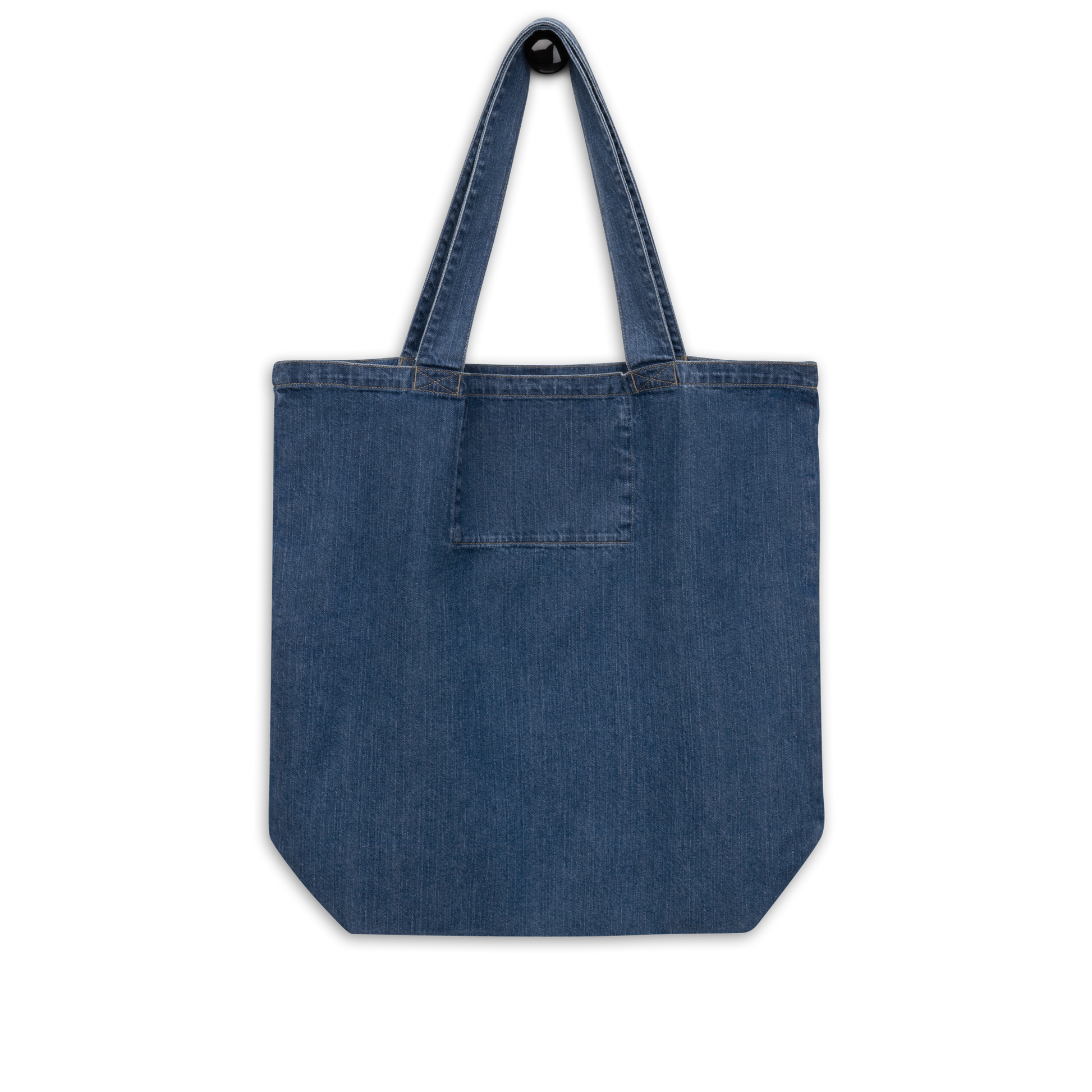 Organic denim tote bag with colorful handpainted floral design on dark blue fabric, eco-friendly and stylish everyday shopper