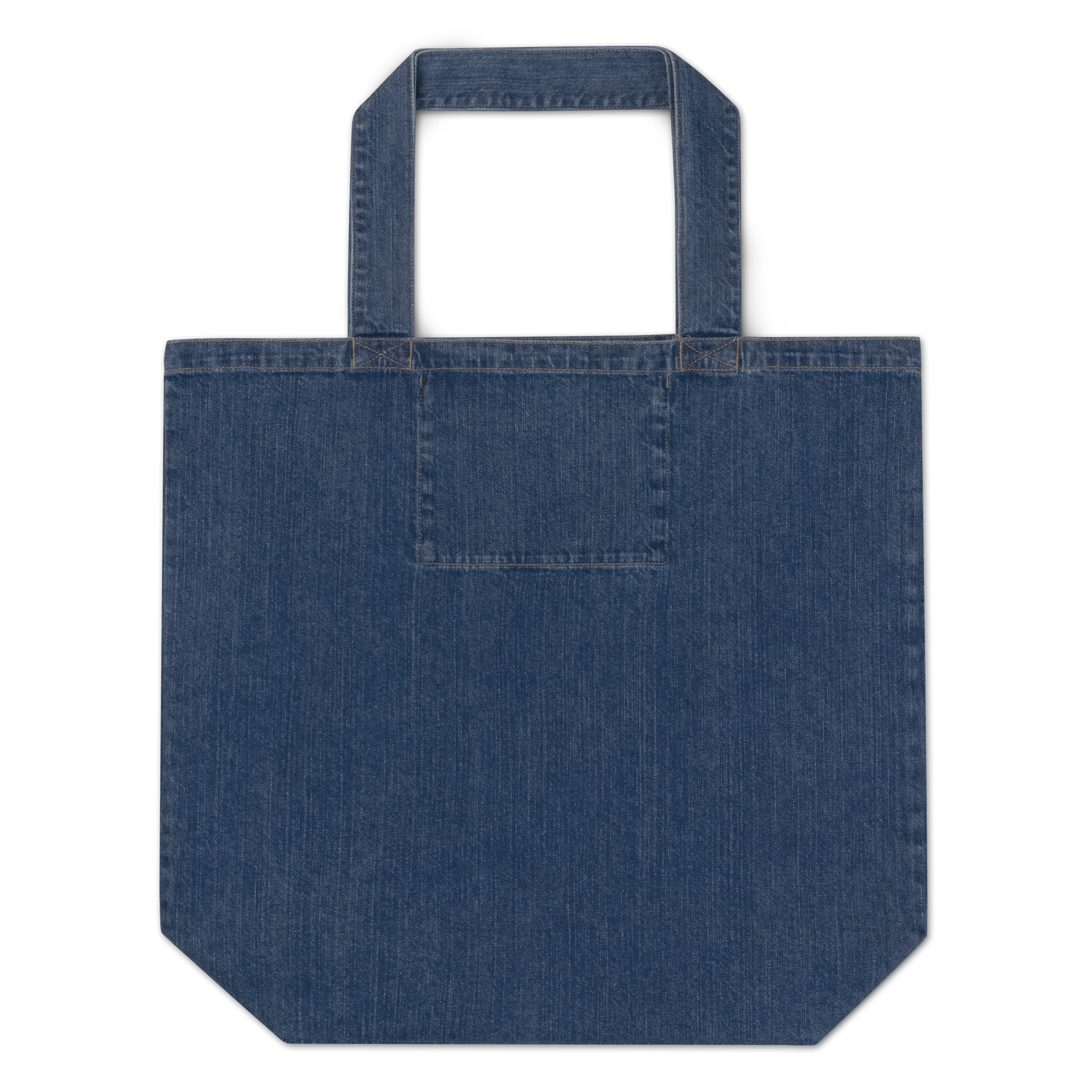 Organic denim tote bag with colorful handpainted floral design on dark blue fabric, eco-friendly and stylish everyday shopper