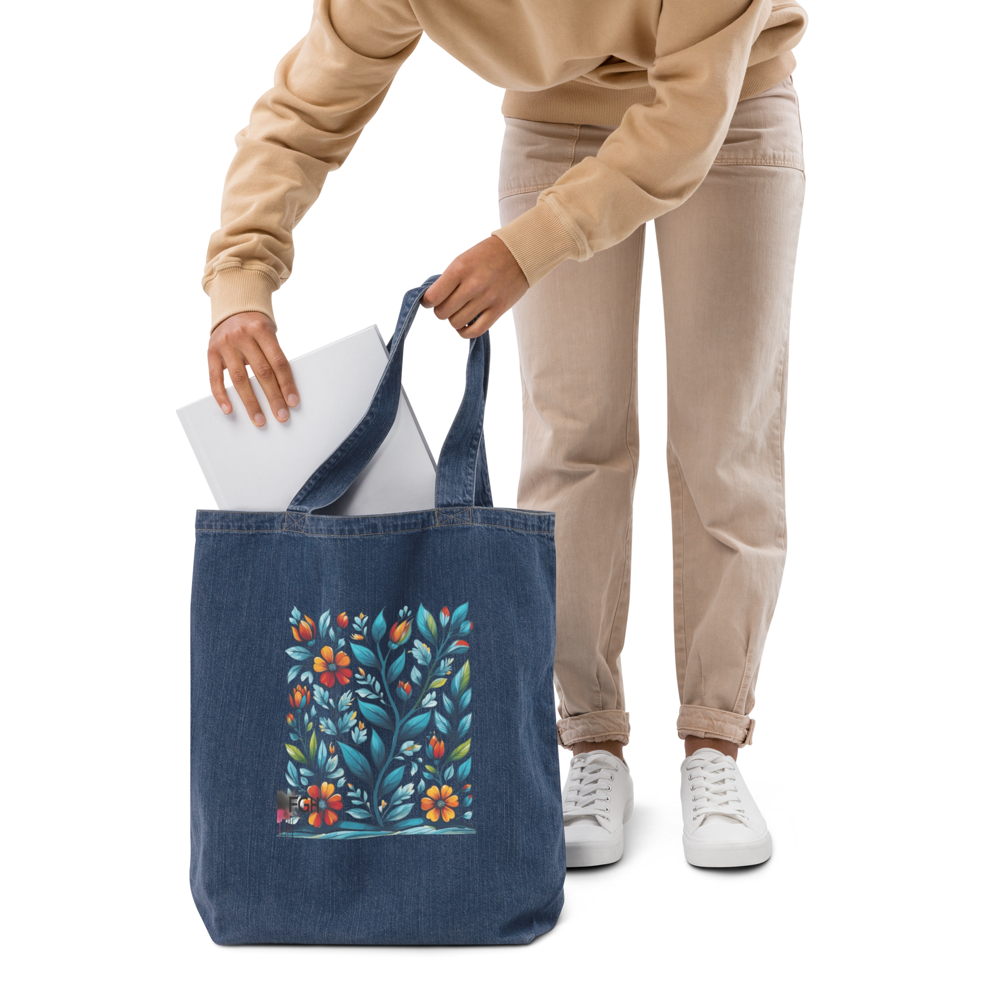 Organic denim tote bag with colorful handpainted floral design on dark blue fabric, eco-friendly and stylish everyday shopper