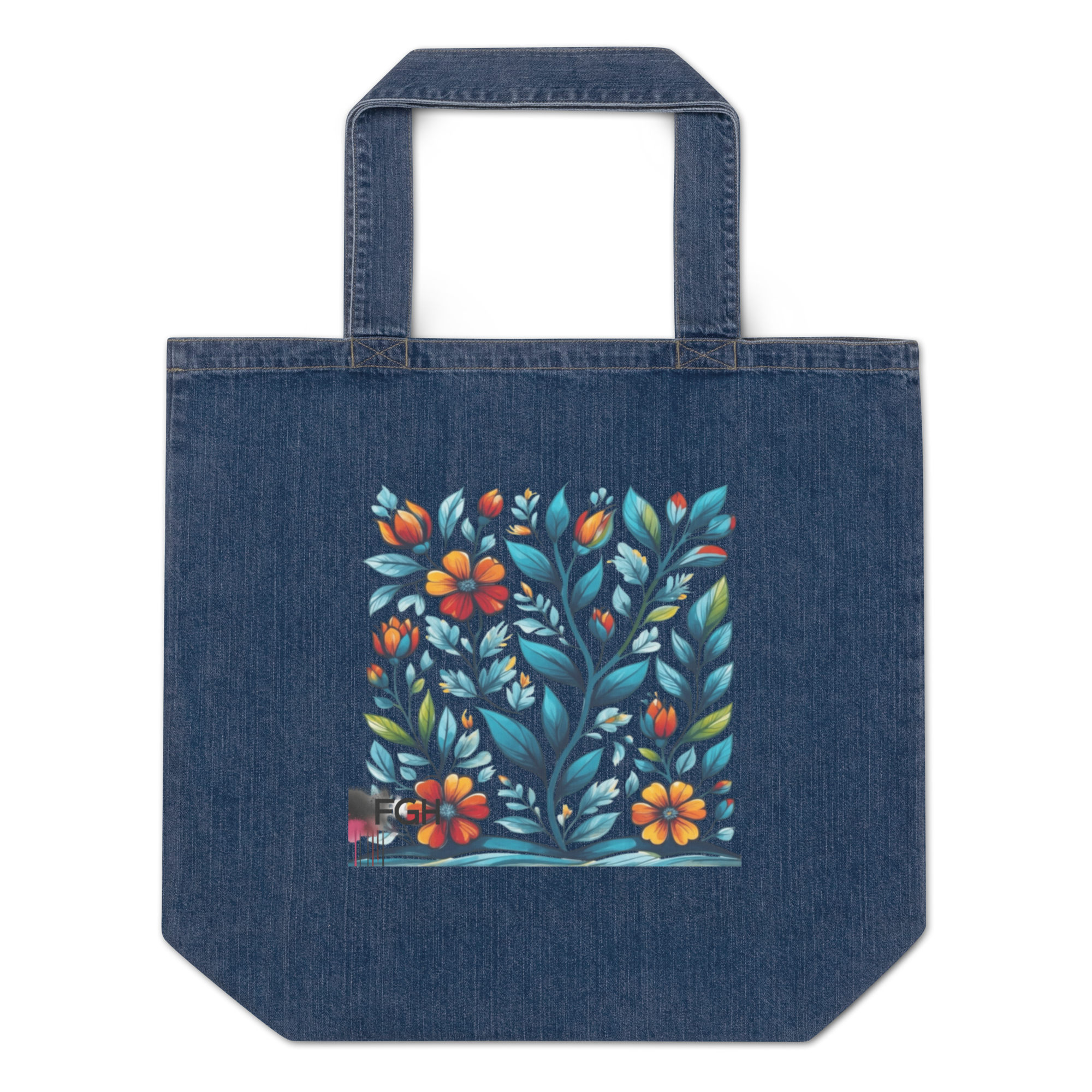 Organic denim tote bag with colorful handpainted floral design on dark blue fabric, eco-friendly and stylish everyday shopper
