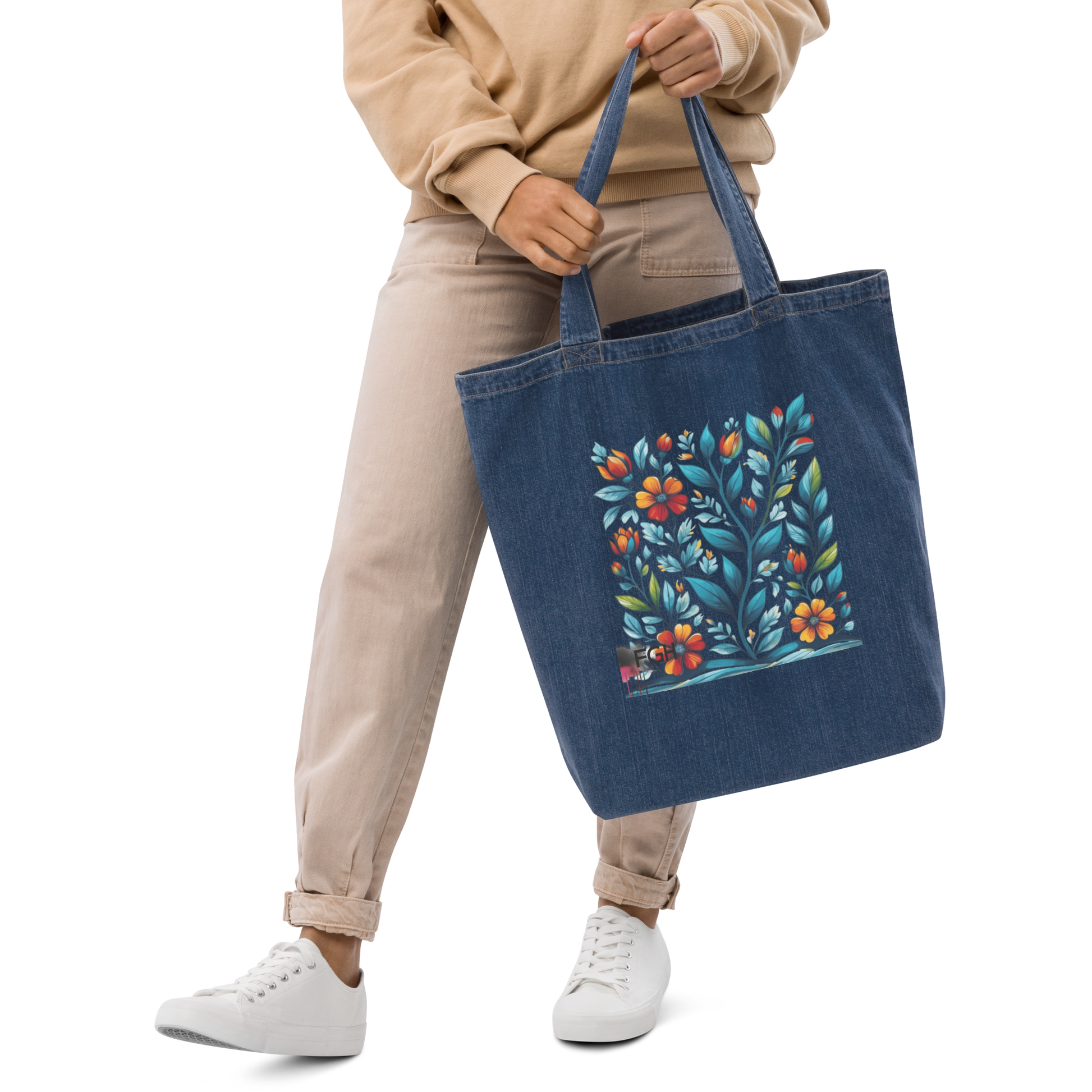 Organic denim tote bag with colorful handpainted floral design on dark blue fabric, eco-friendly and stylish everyday shopper