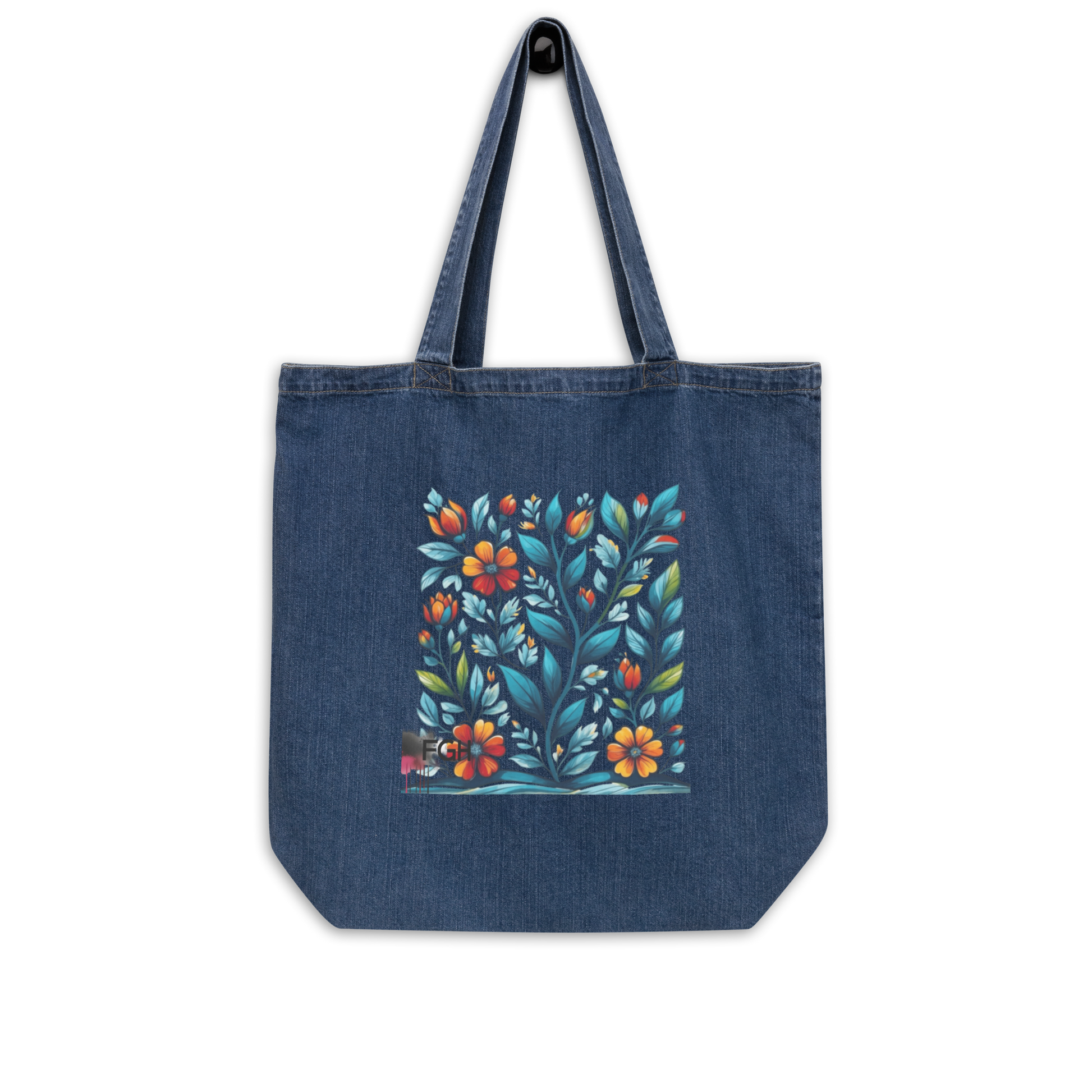 Organic denim tote bag with colorful handpainted floral design on dark blue fabric, eco-friendly and stylish everyday shopper