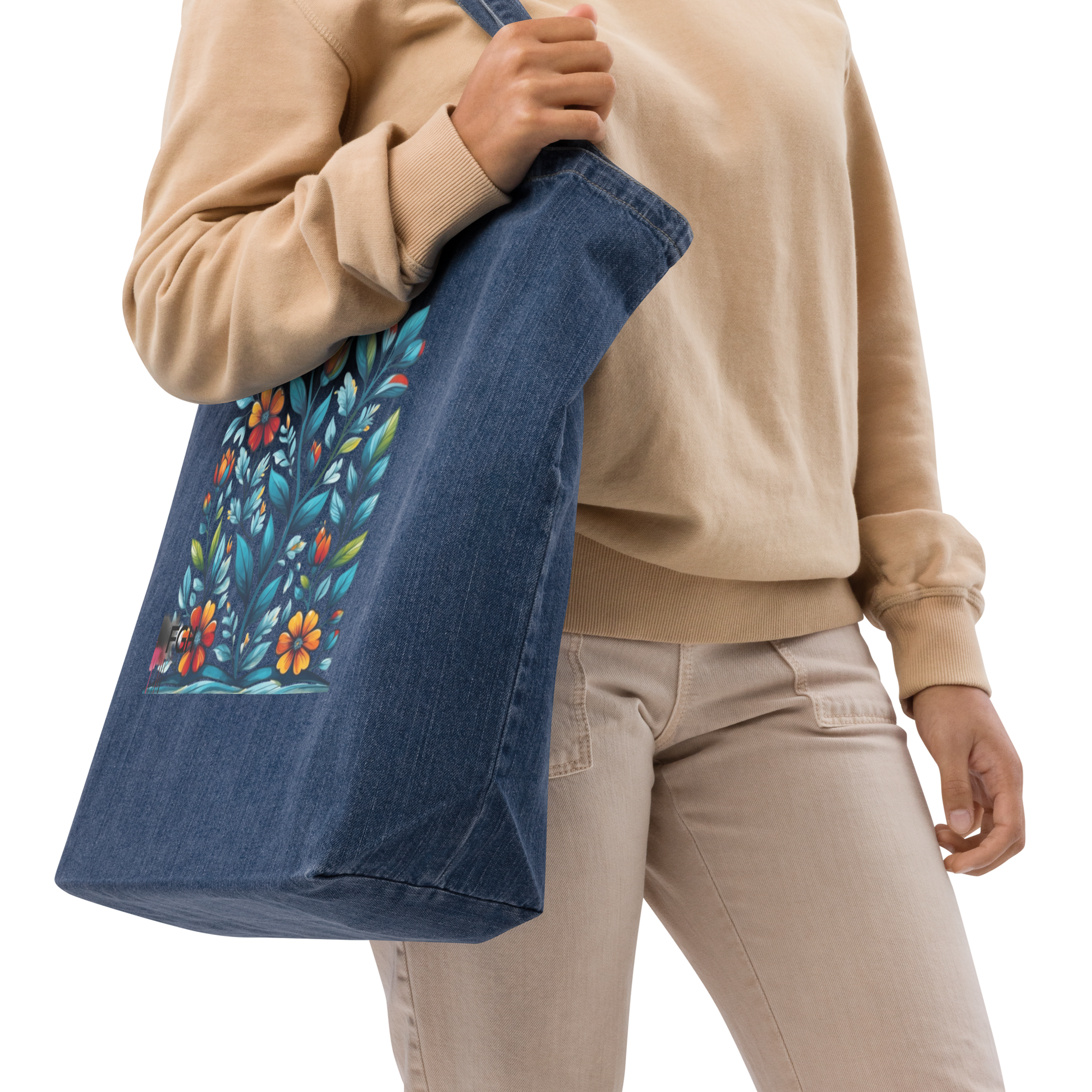 Organic denim tote bag with colorful handpainted floral design on dark blue fabric, eco-friendly and stylish everyday shopper