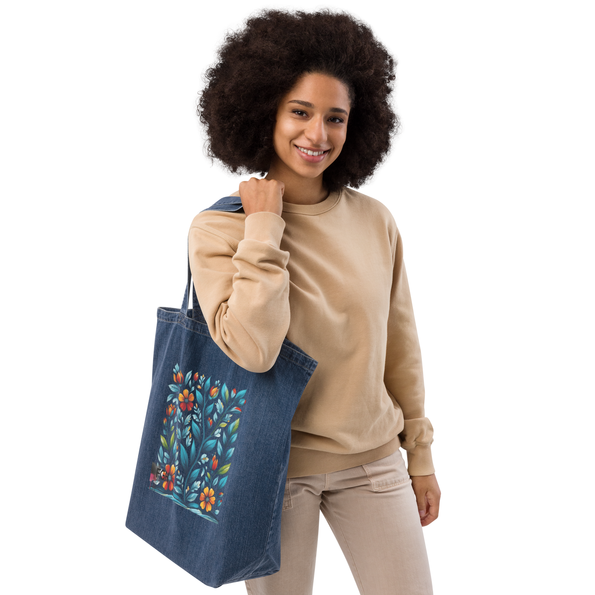 Organic denim tote bag with colorful handpainted floral design on dark blue fabric, eco-friendly and stylish everyday shopper