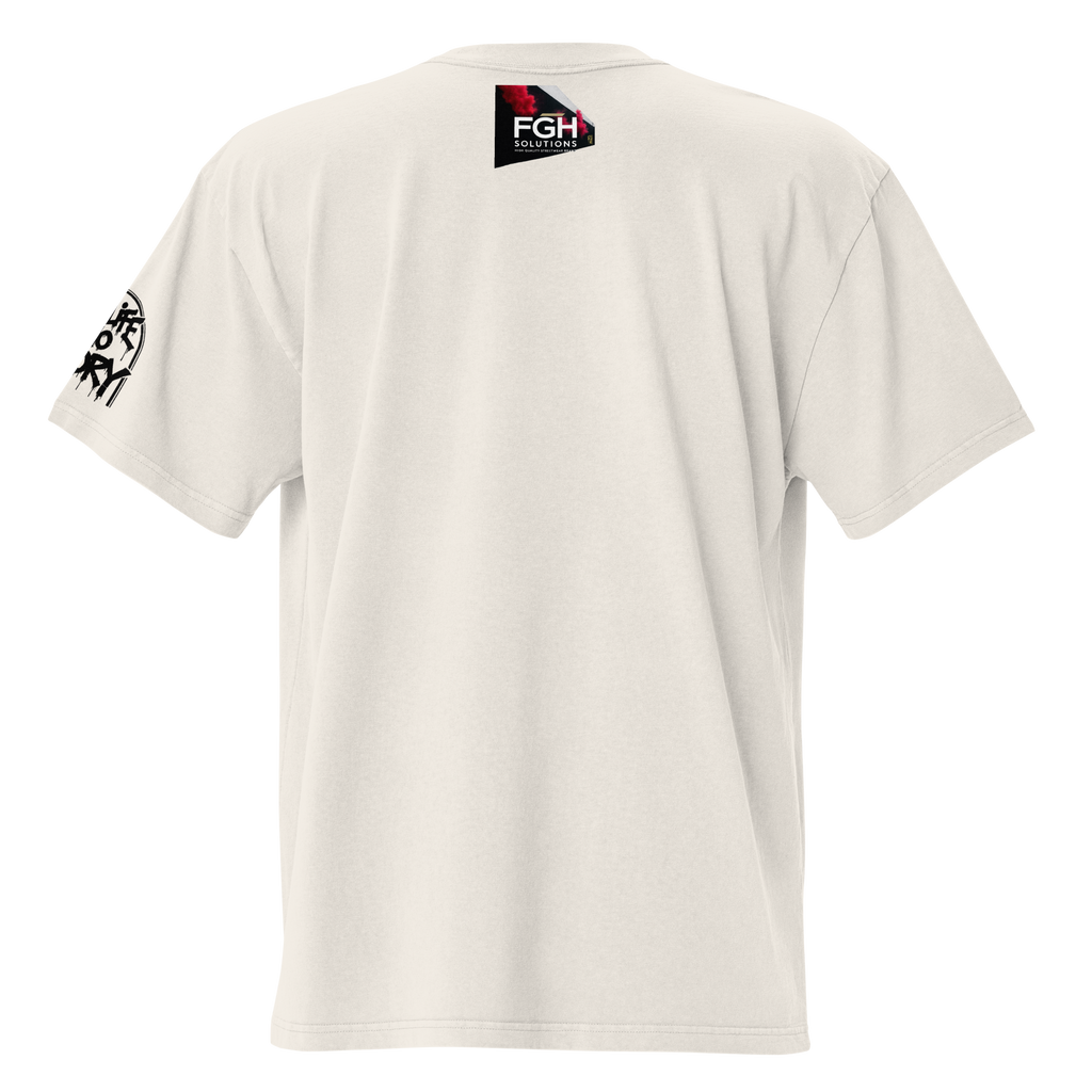 Oversized faded streetwear T-shirt with bold graffiti text “No Life No Story” printed on heavyweight cotton – urban unisex design by FGH Collective
