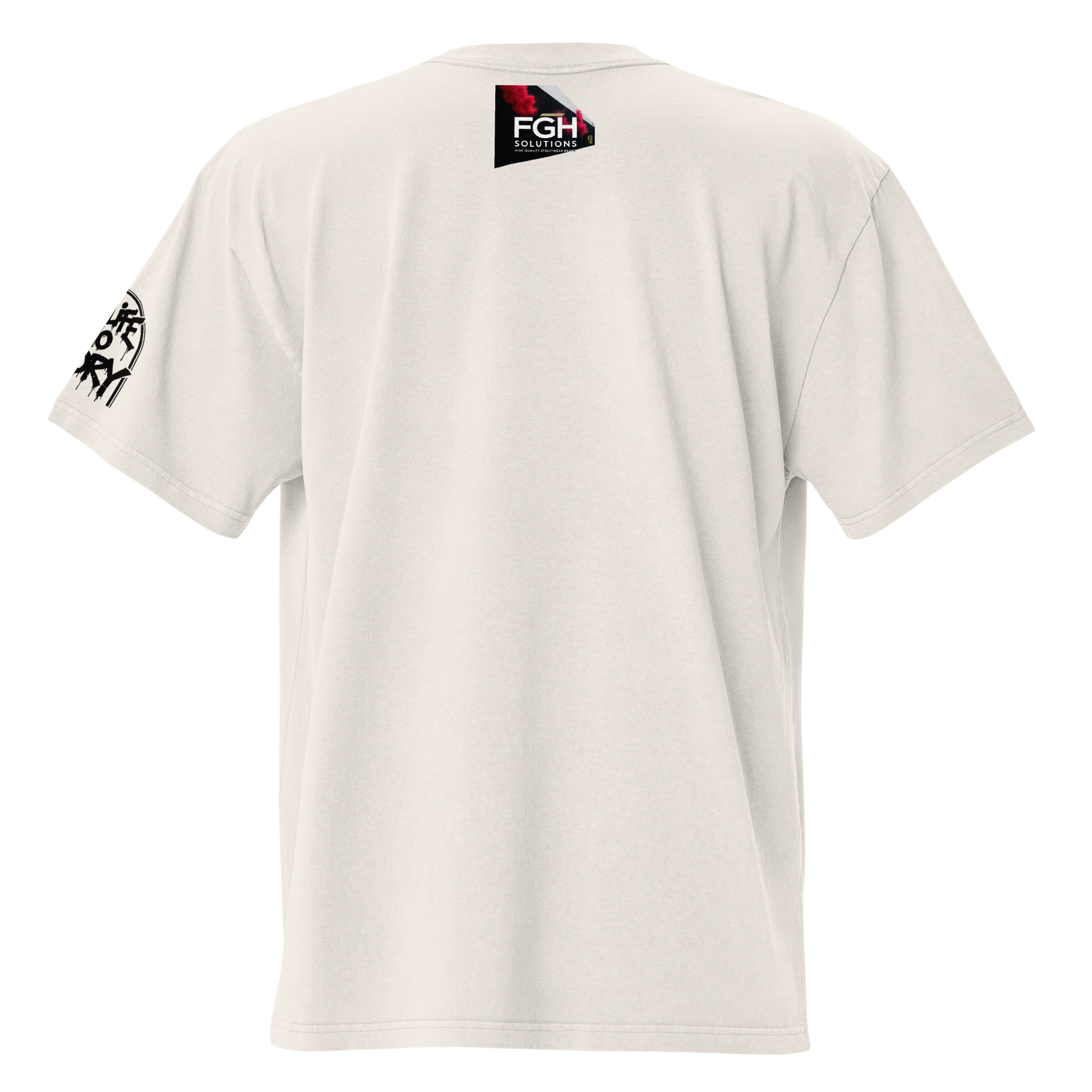 Oversized faded streetwear T-shirt with bold graffiti text “No Life No Story” printed on heavyweight cotton – urban unisex design by FGH Collective
